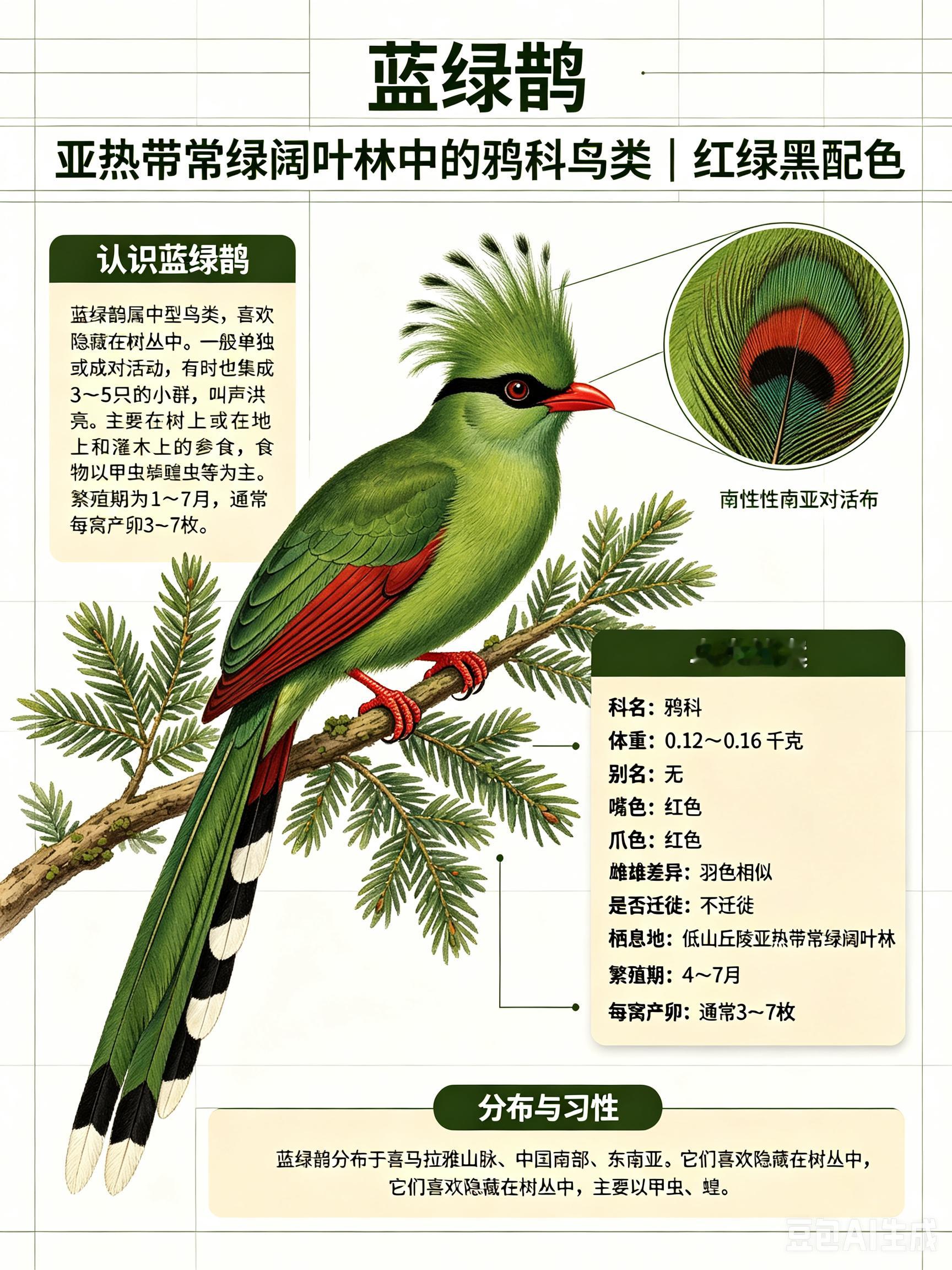 鸟类朋友图鉴 蓝绿鹊科名：鸦科体重：0.12～0.16千克别名：无蓝绿鹊属中型鸟