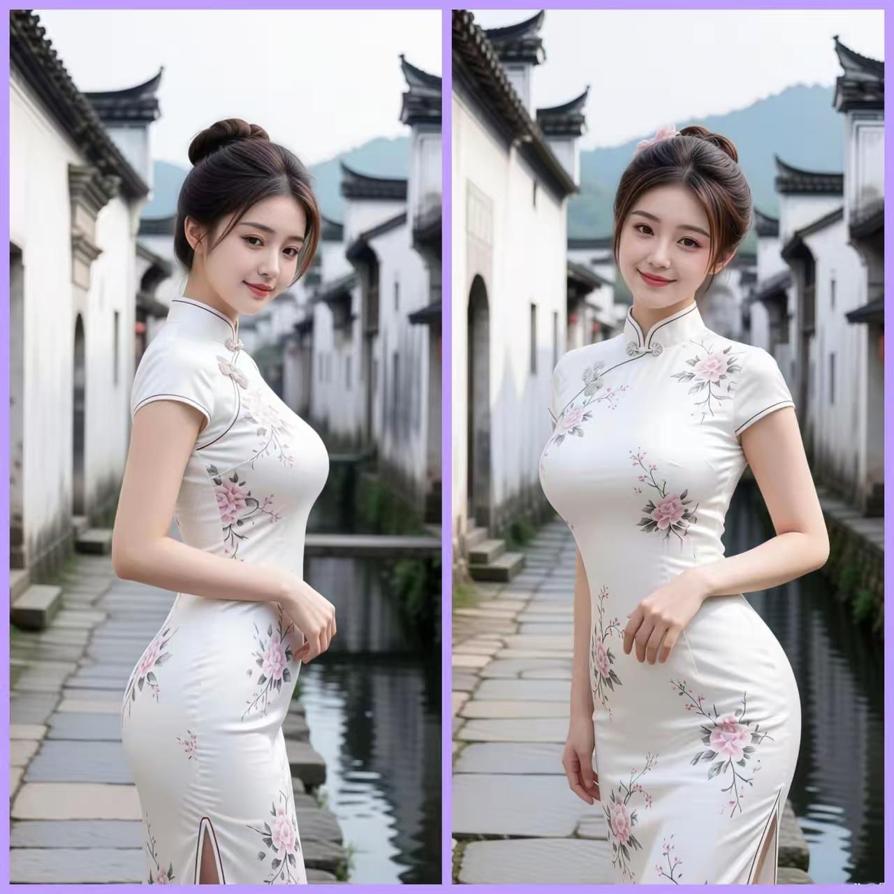 天净沙·古村佳人
粉墙黛瓦村家，
清溪映尽芳华，
旗袍娉婷胜雅。
风姿如画，
佳