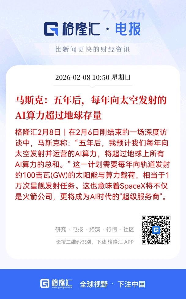 重磅消息！
太空AI算力迎重磅消息，
马斯克放话：5年后太空AI算力超地球总和，