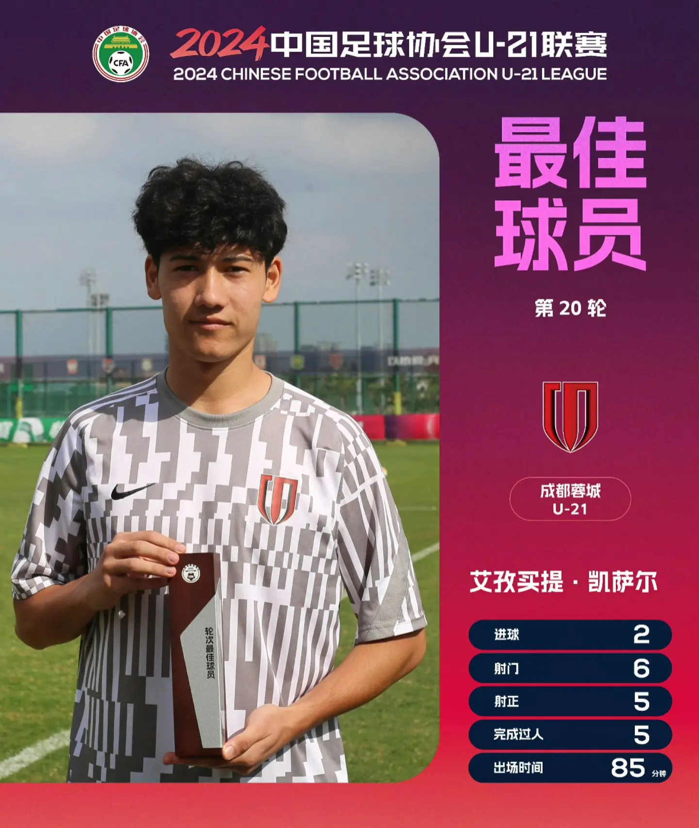 2024U21联赛决赛第五阶段第20轮  最佳球员：艾孜买提·凯萨尔...