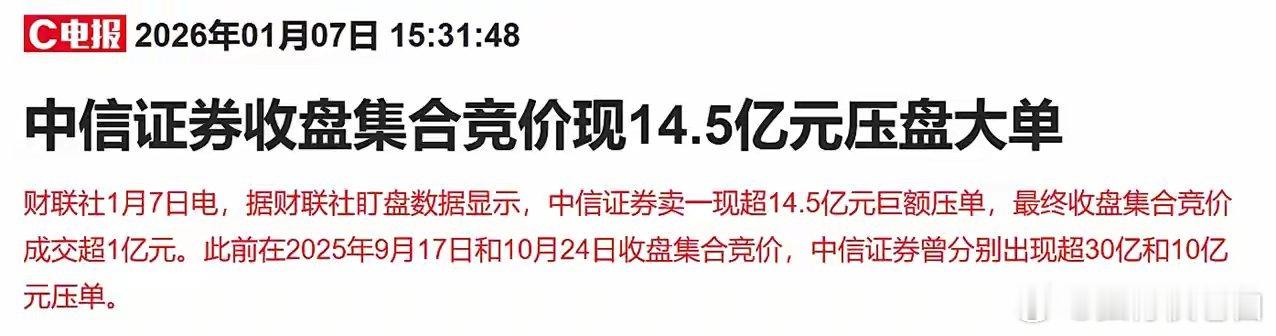 又见压盘！中信证券14.5亿竞价大单释放明确信号，短期节奏或生变熟悉的压盘戏码再