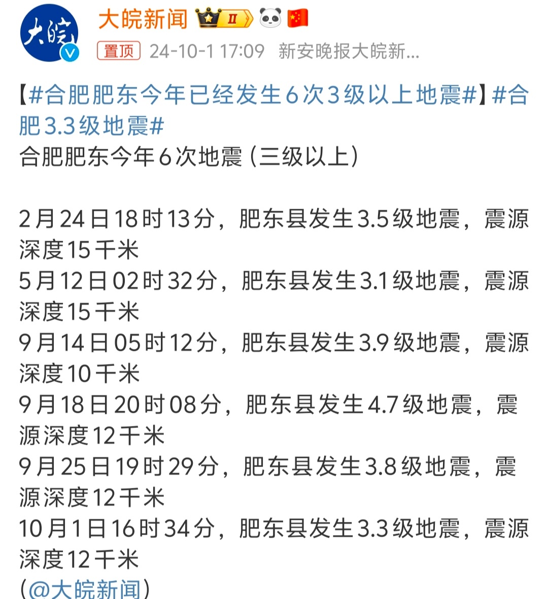 #合肥肥东今年已经发生6次3级以上地震# 等级不是特别大的情况下，基本就是第一次
