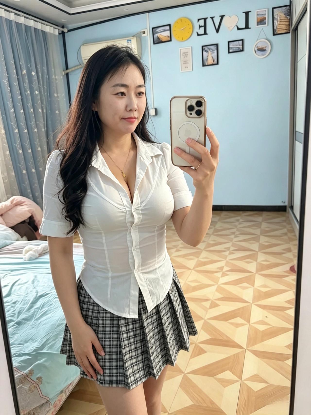 素衫轻束格裙新，对镜持机自写真。
婉转风姿眸底漾，芳华脉脉动香尘。