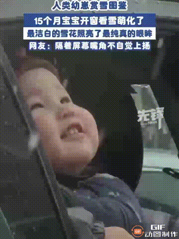 新疆伊犁一个15个月大的宝宝第一次看见下大雪，坐在车里的他，非要让爸爸打开车窗，