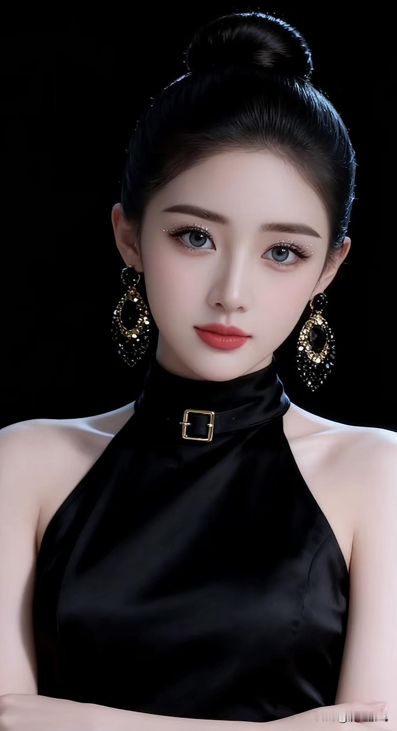 黑衣美人，金饰映辉。玫瑰红装美女 红装美人照 抹胸黑裙照 红装美人照 抹胸黑裙照