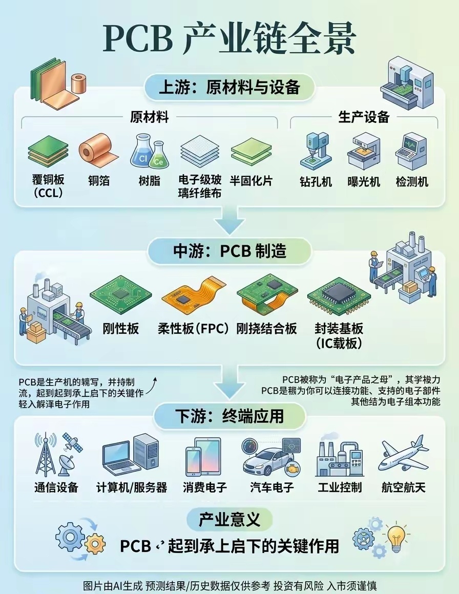 PCB产业链分析PCB（印制电路板）被称为 "电子产品之母" ，是连接和支撑电子