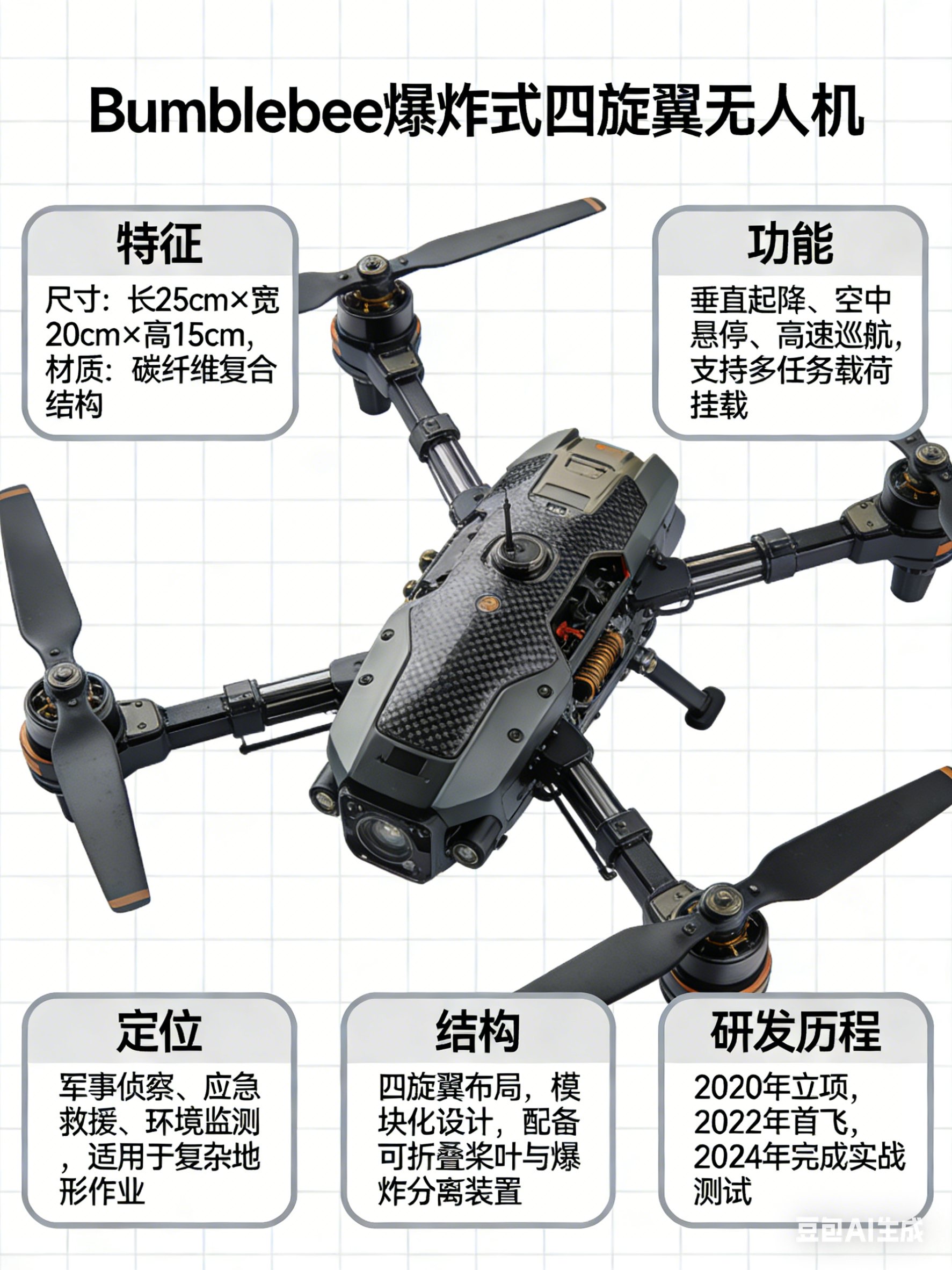全球武器装备盘点 Bumblebee 爆炸式四旋翼无人机一款专为追击并撞击敌方无