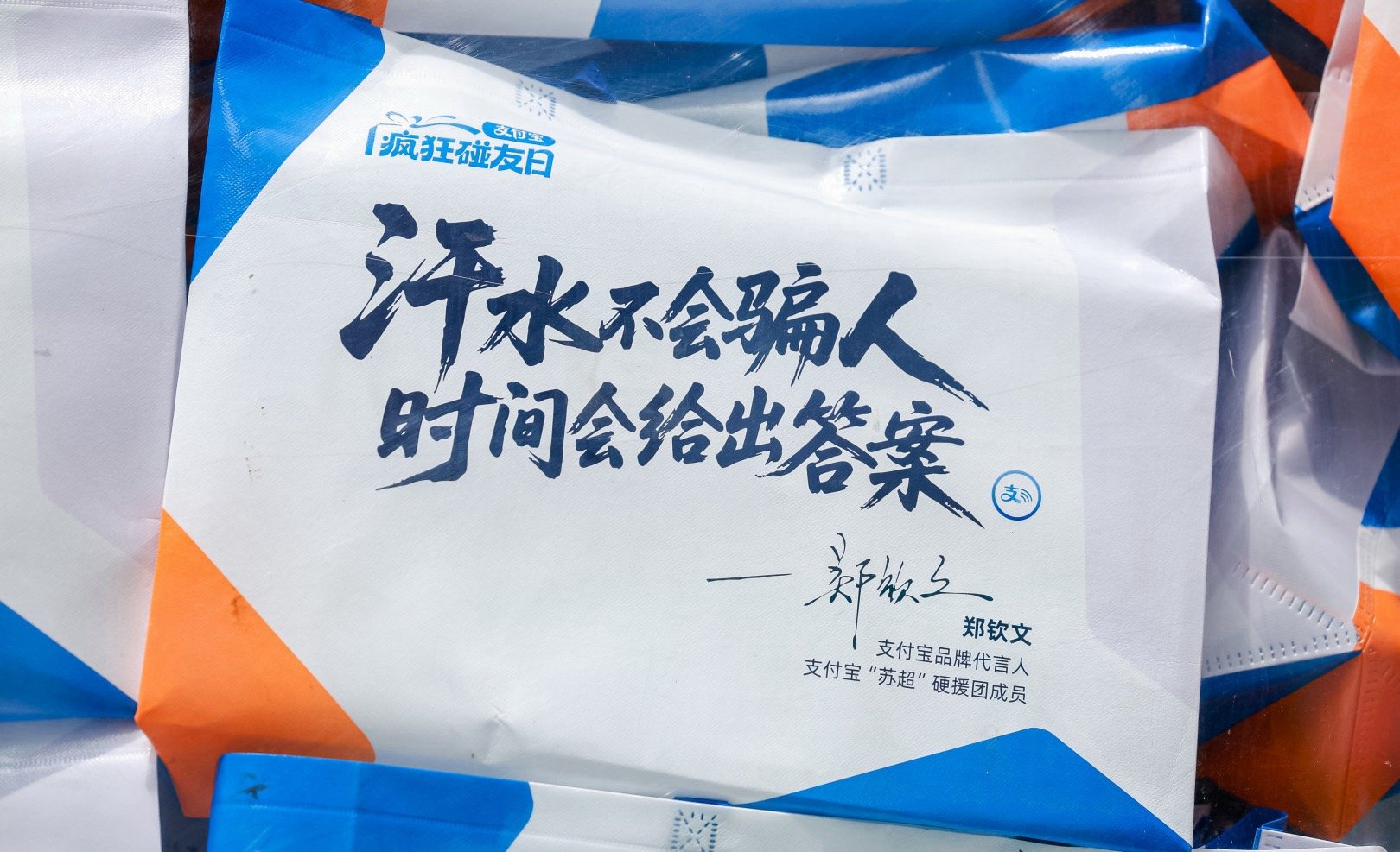 百店发支付宝助威袋为南京队加油出门逛景区偶然碰到巡游应援车，随手领到了助威小袋子