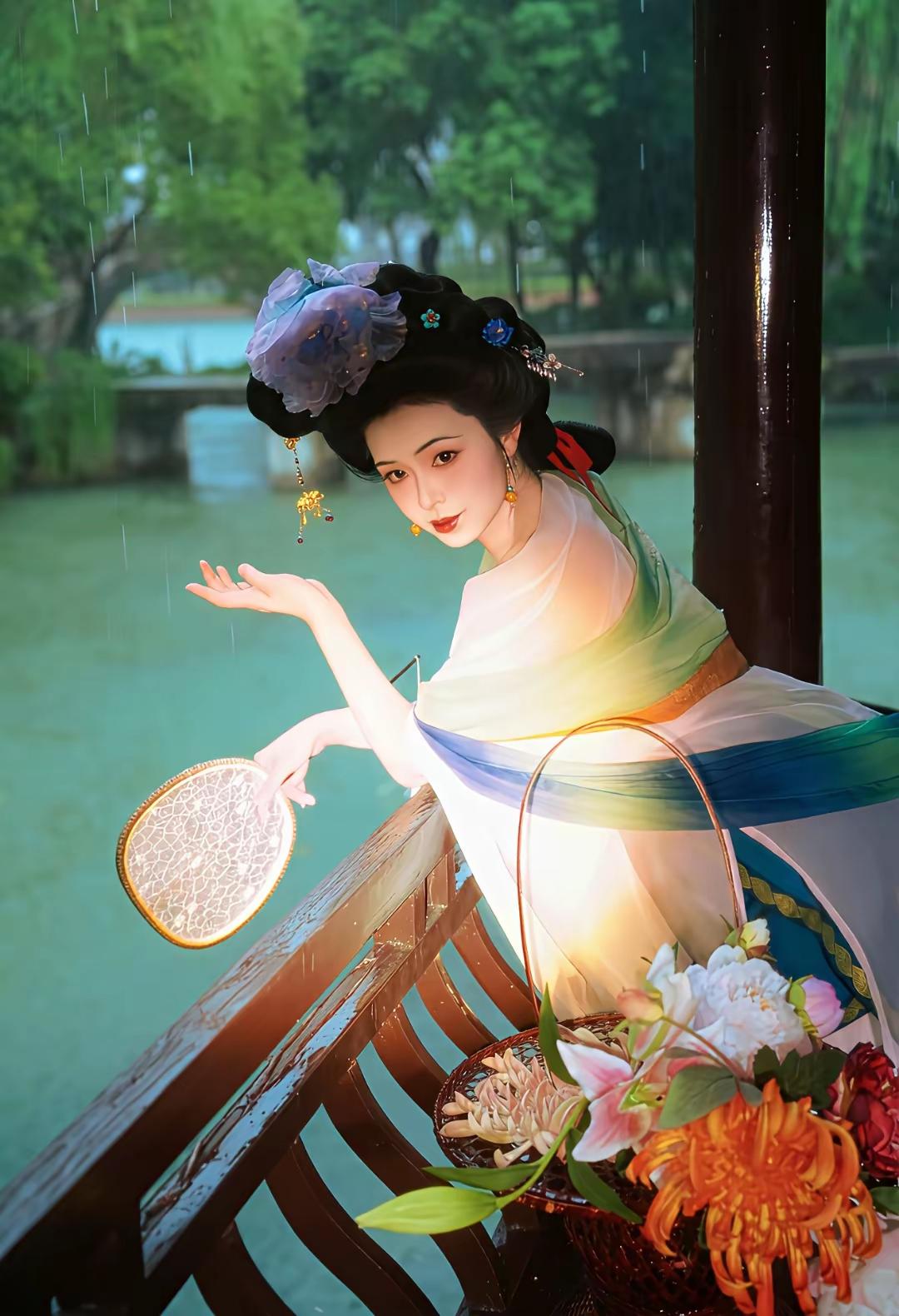 美女壁纸～烟雨江南，一袭盛唐霓裳入梦来。流光溢彩的衣袂，摇曳生姿的发髻，于亭台水