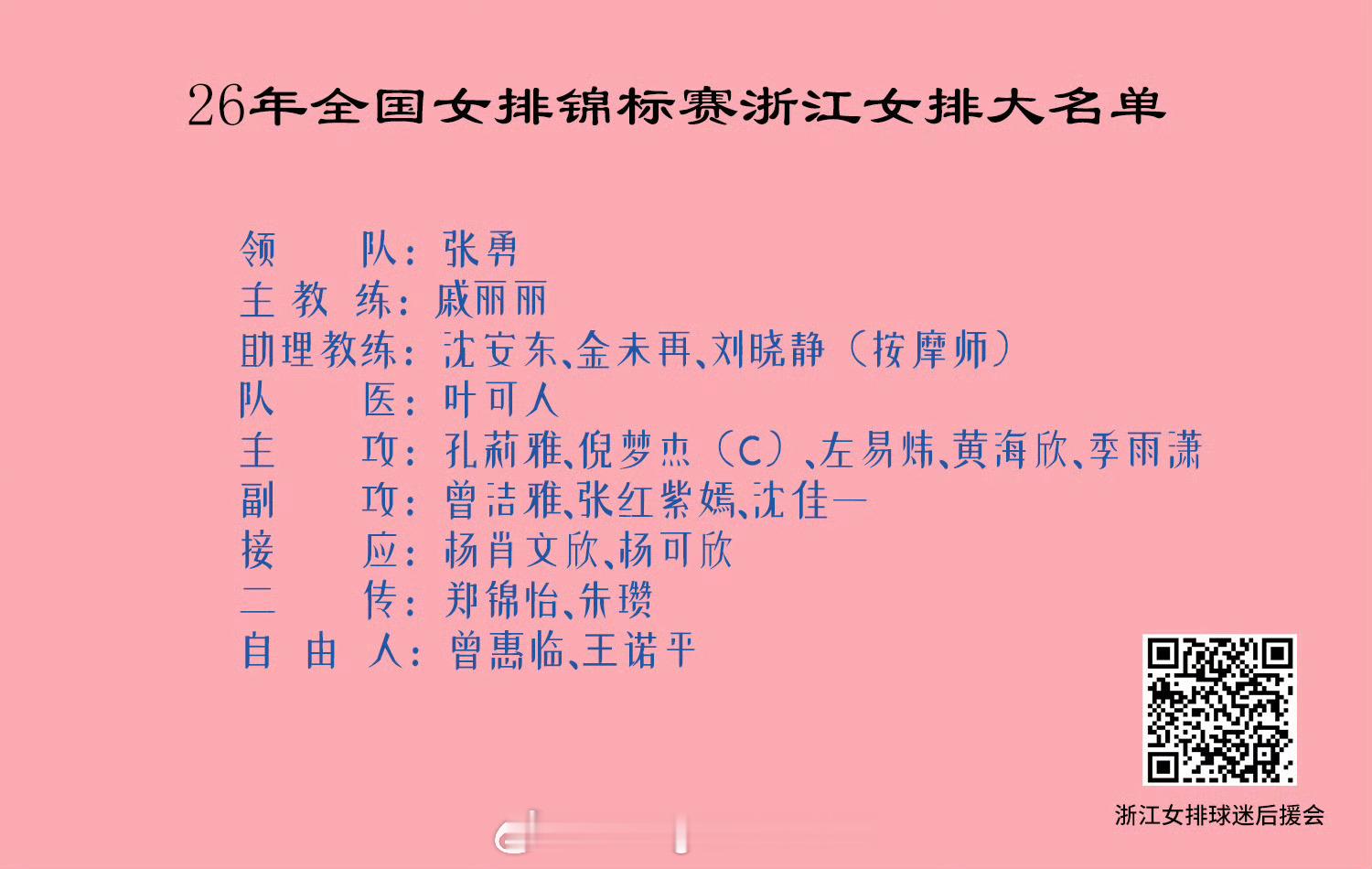 浙江女排2026年全国女排锦标赛 14人大名单：（教练组变化）主教练:戚丽丽，助