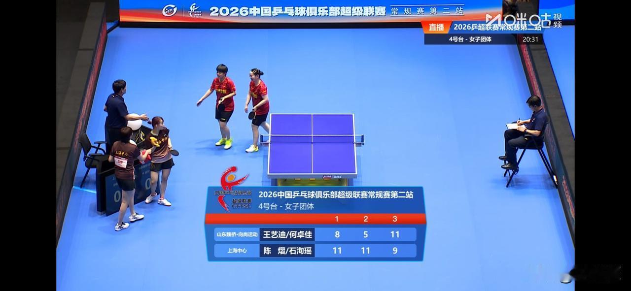 2026年乒超联赛第二站女团积分循环赛第二轮：
山东魏桥八比六上海中心
钱天一祝