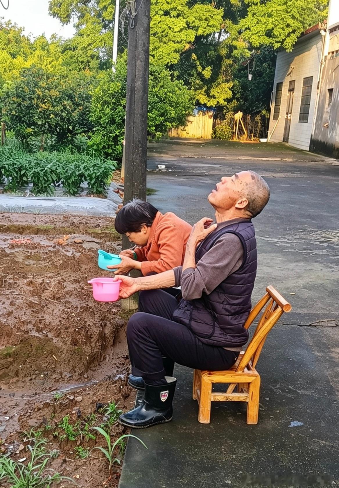 乡村之晨，两位老人在门口洗漱，虽然以瓢作杯，可是颜色看来还是情侣瓢咧！ 