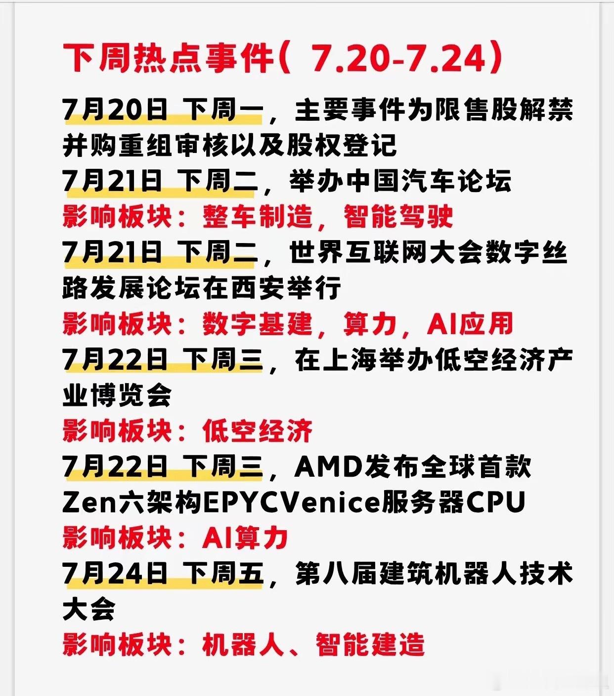 下周热点事件（7.20-7.24）7月20日 下周一，主要事件为限售股解禁并购重