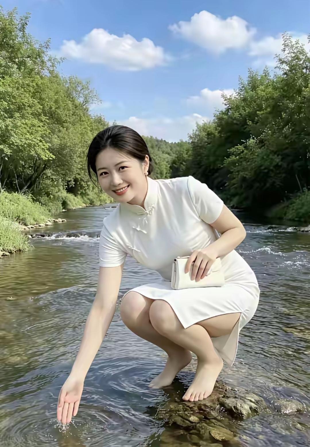 风景如画的山林，
清澈见底的溪水，
白云飘飘的蓝天，
柔情似水的女人。