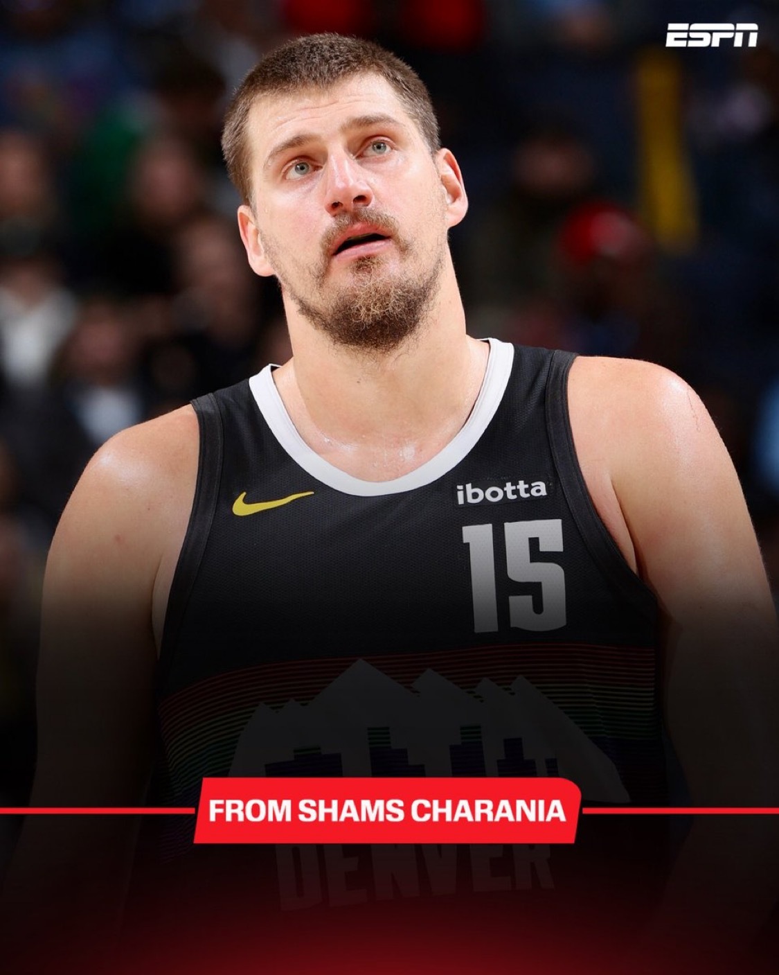 Shams：据ESPN消息人士透露，丹佛掘金队的尼古拉·约基奇自12月29日因膝