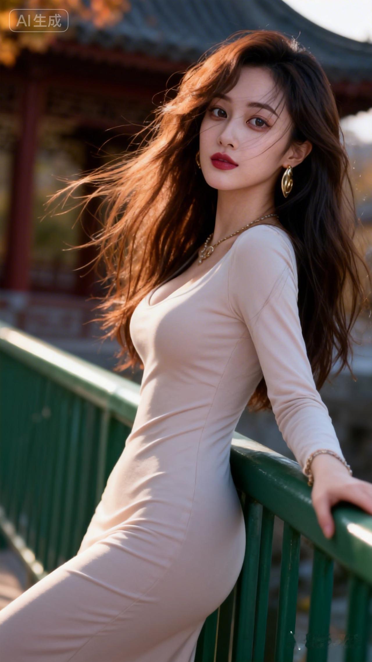 秋日古风美照，红叶飘落，长裙飘飘，古韵十足。