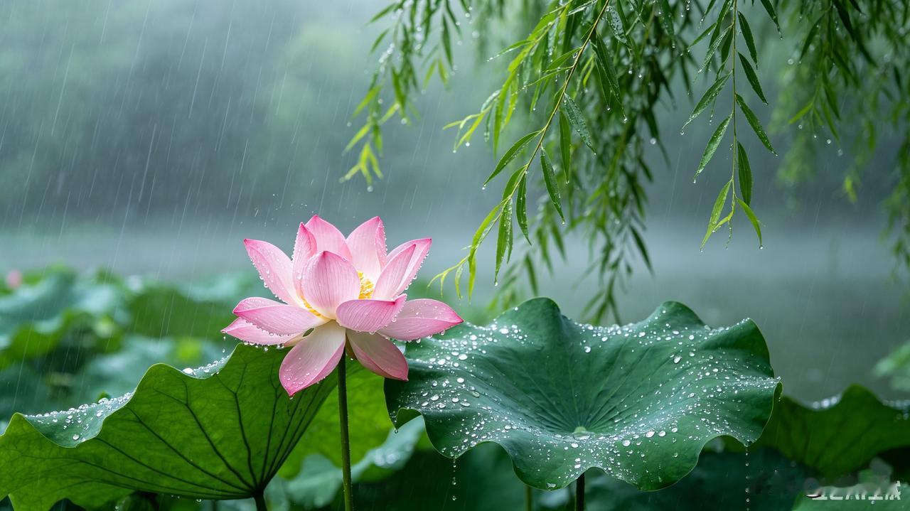 上联：夏雨荷花艳
下联：春风柳色新