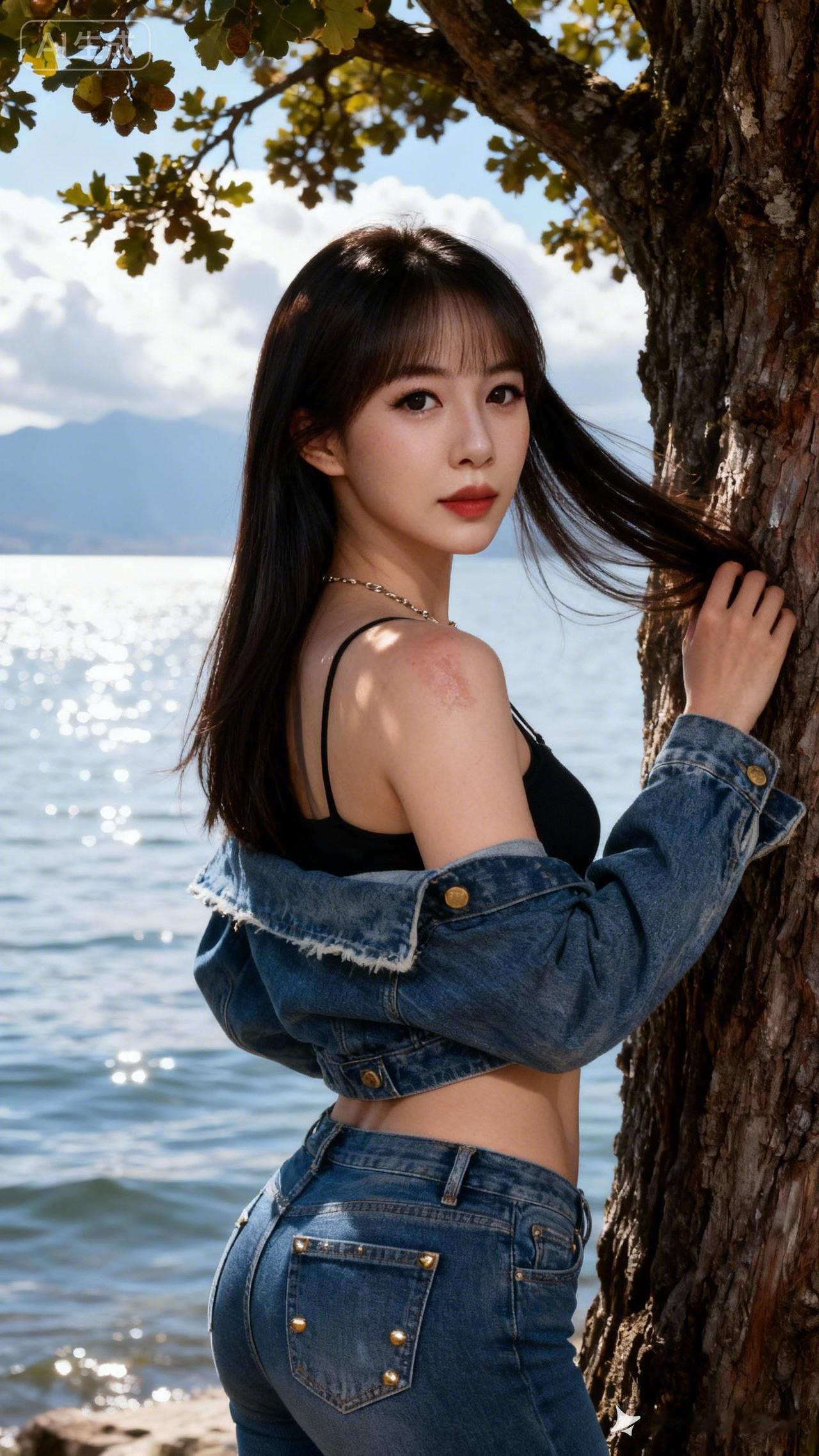 洱海畔，镜头定格女友小麦肌，吊带配磨白牛仔外套，山风拂乱长发，光斑落身，腰臀褶皱