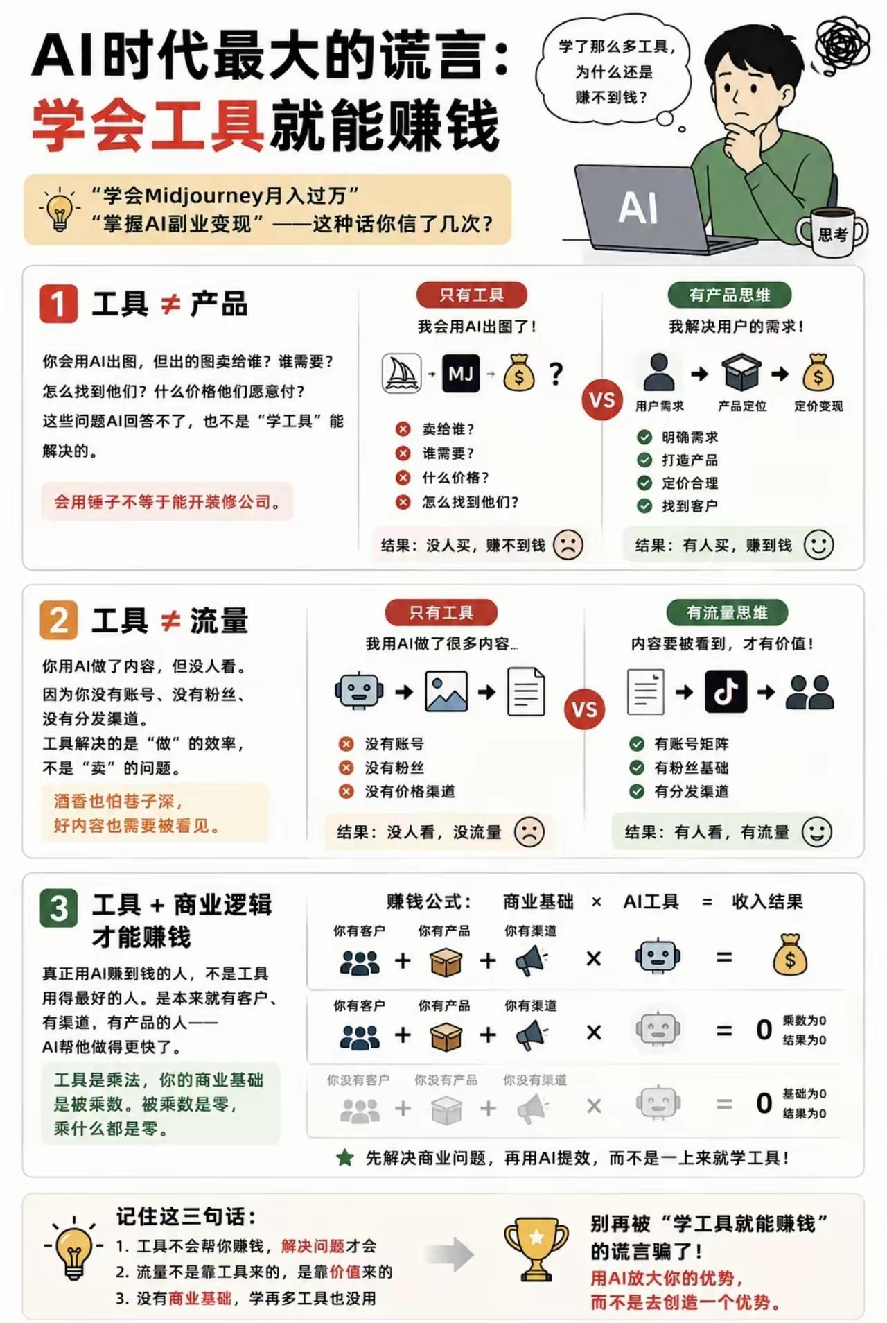 AI时代“学会工具就能赚钱”核心逻辑拆解
 
一、核心三大认知误区
 
1. 工