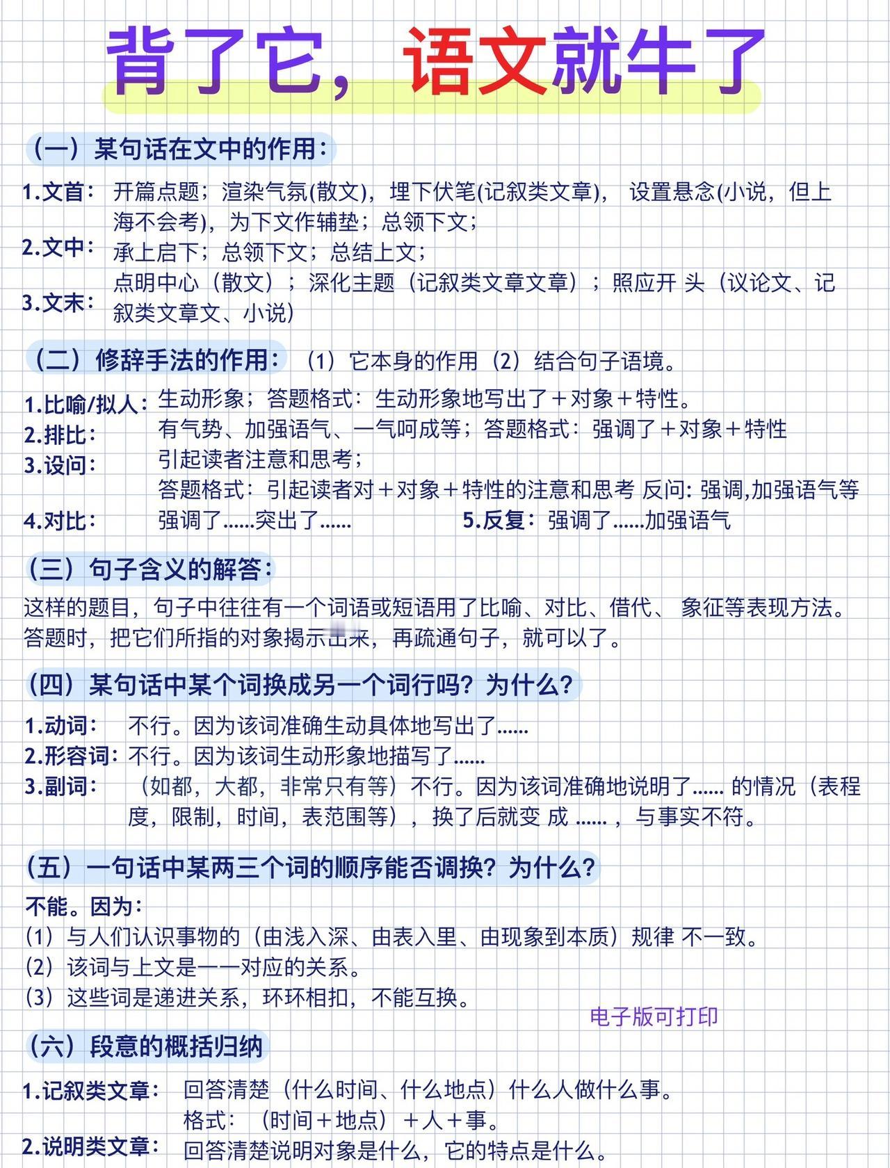 语文阅读理解高分公式！背完！你的语文就牛了！背完这些答题公式及技巧，你的语文就厉