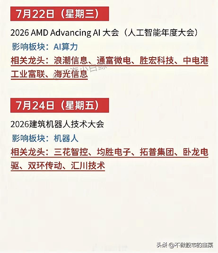 重磅密集来袭！下周五大产业会议扎堆，行情主线提前锁定不少股民最近感慨，当下市场轮