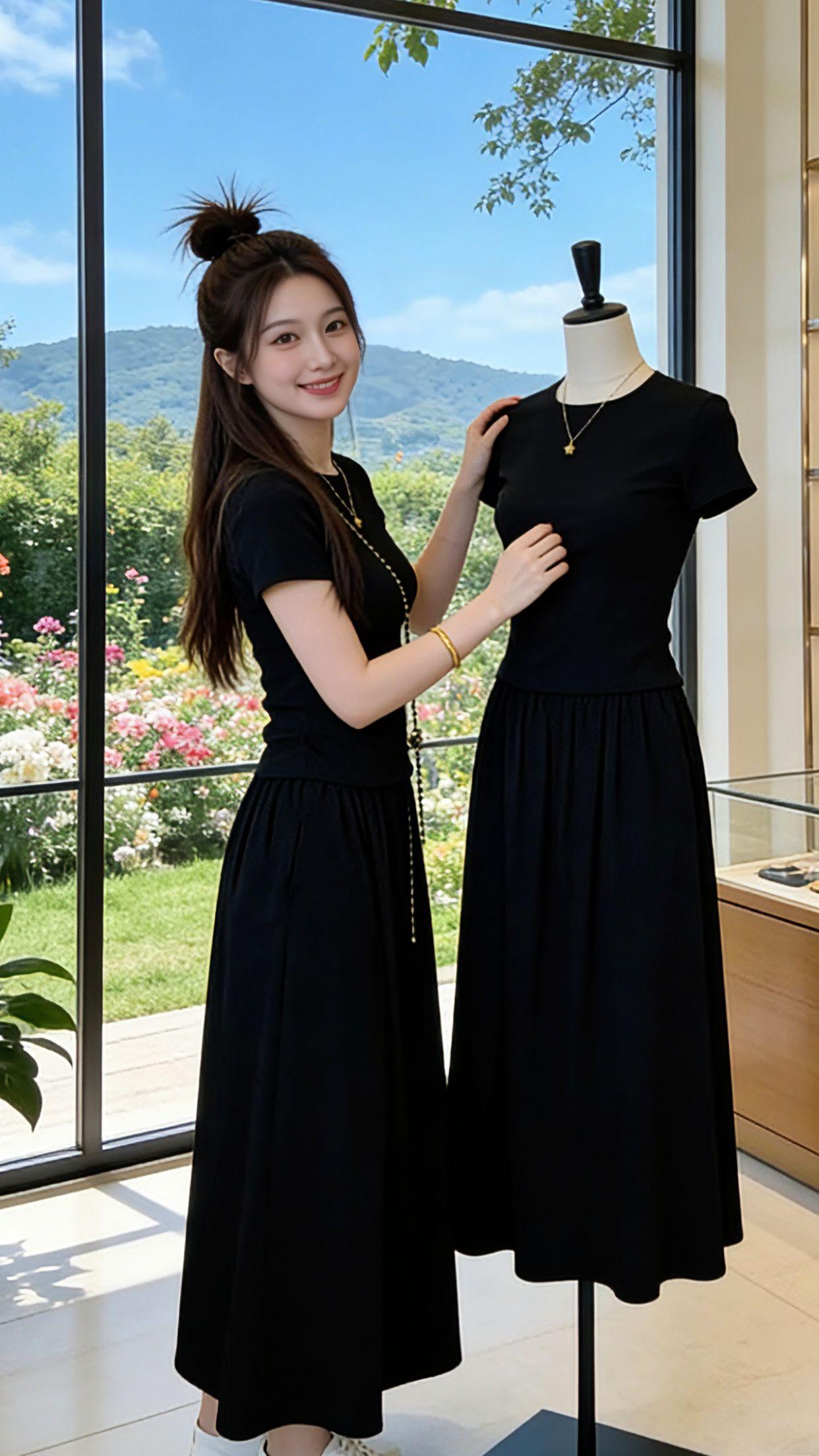 夏天不想费心搭配的姐妹看过来！这套黑系两件套太懂日常了，修身短袖藏住拜拜肉，垂坠