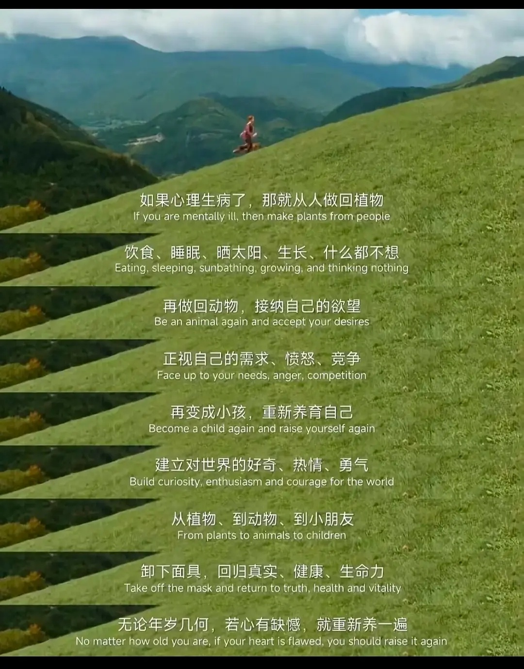 如果人生病了，就再当一回植物，再当一回动物，再当一回小孩 ，把自己重新养一遍