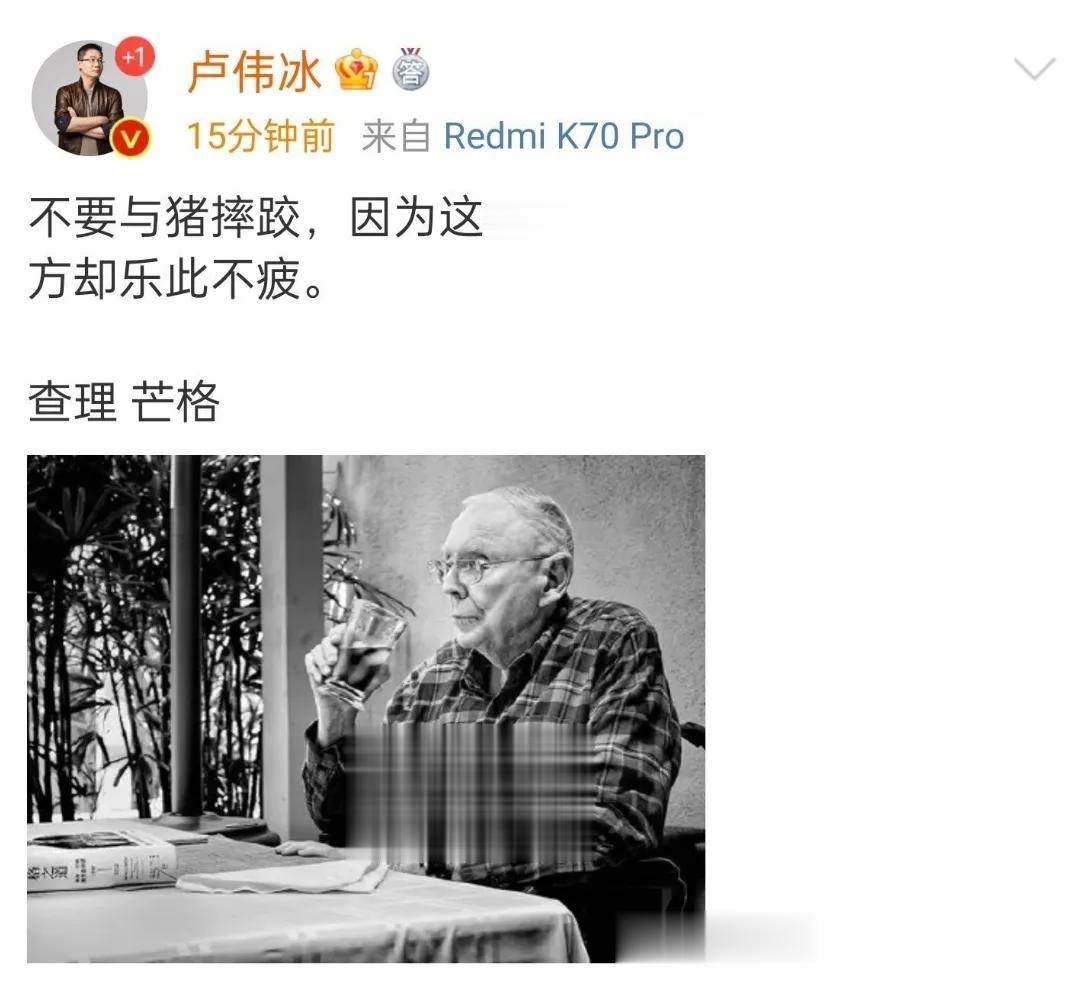 卢总的言论今天有点多啊，就我就有点好奇“不要与猪摔跤”猪指的是谁？
说的是一加吧