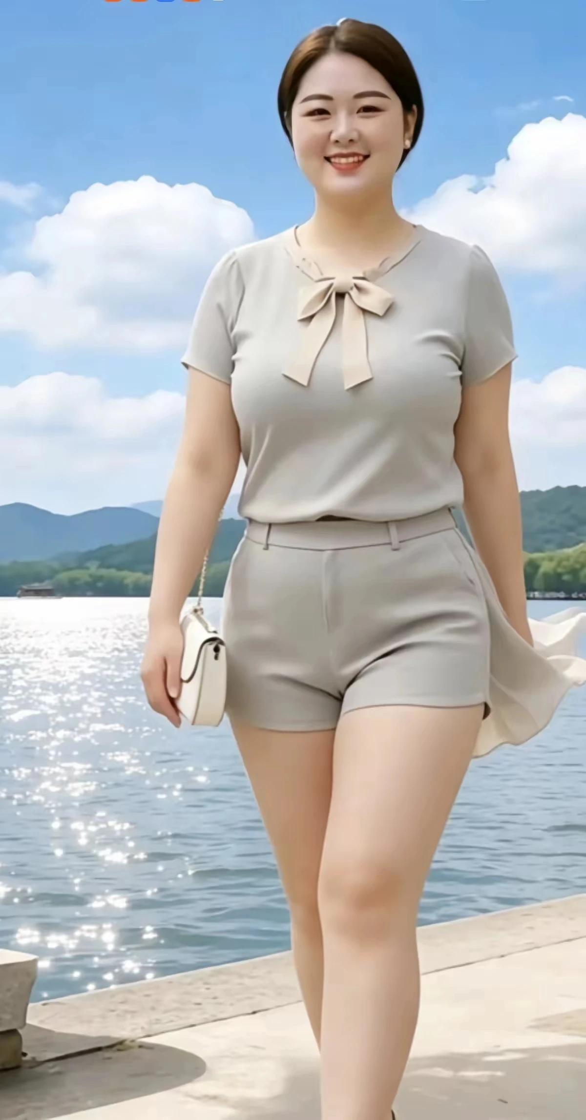蔚蓝天空白云飘，
山水相依景致好。
佳人江岸闲漫步，
满面春风尽妖娆。