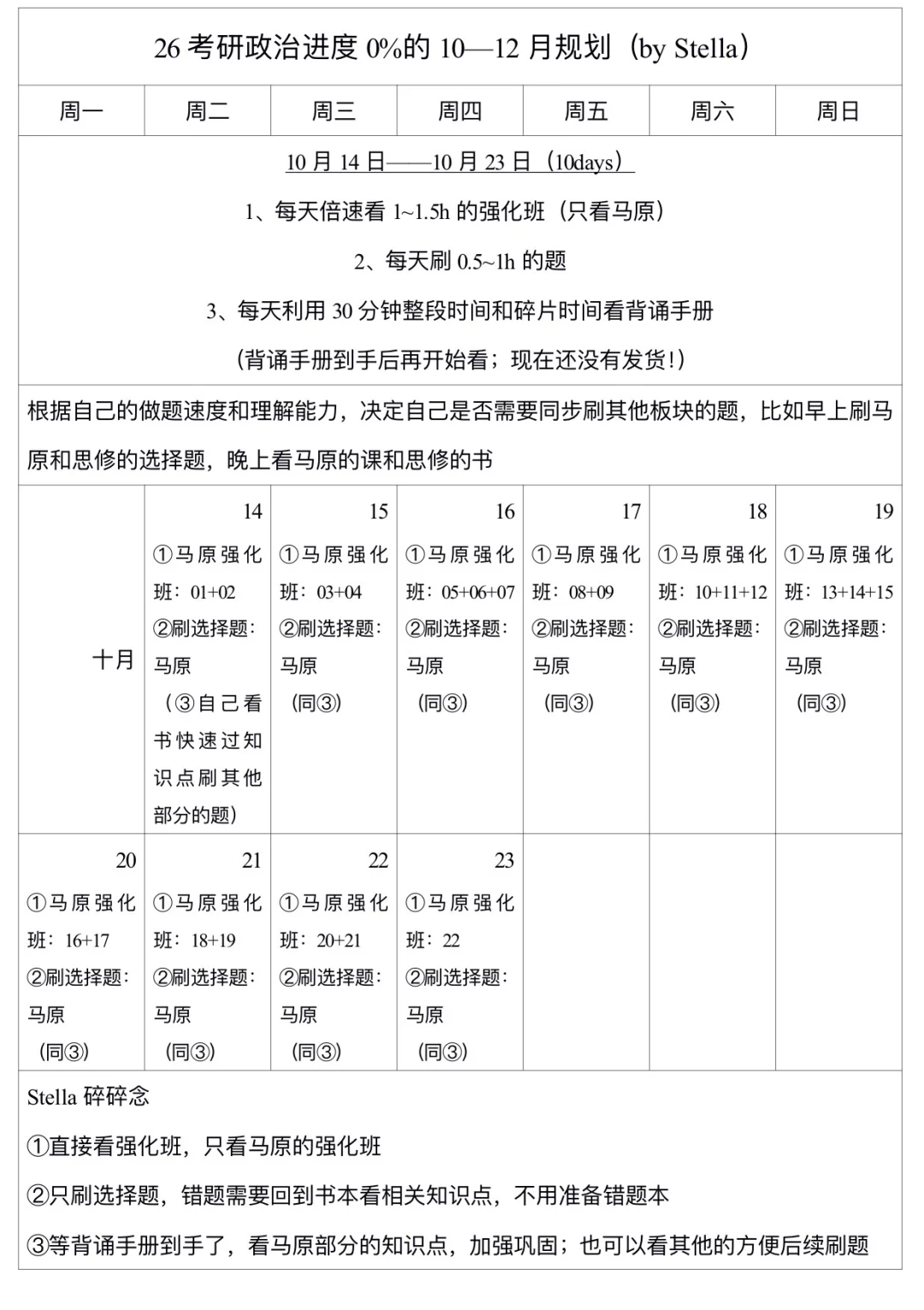 26考研政治进度0%的10～12月规划