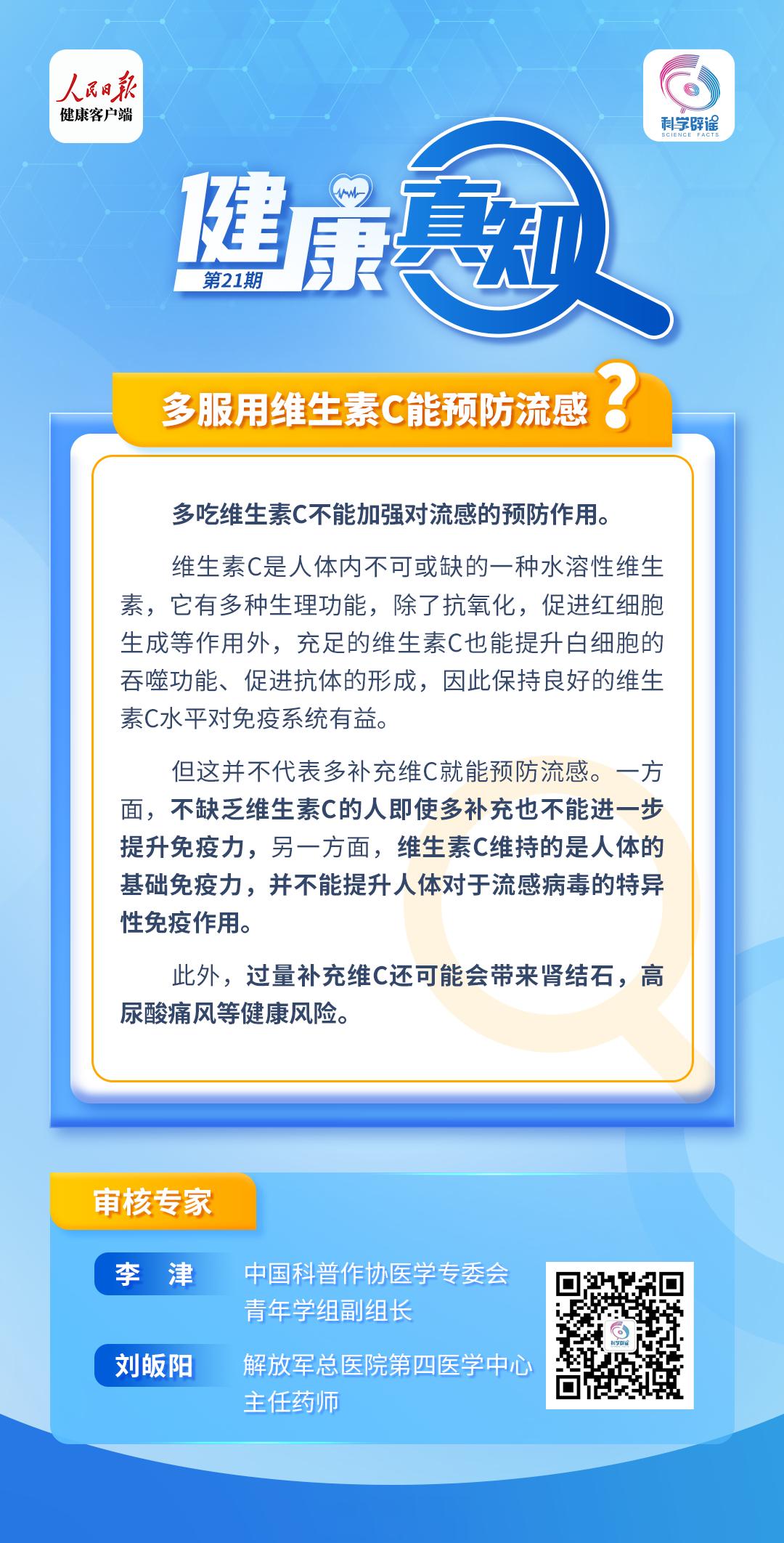 #解读健康真相#【辟谣！#多服用维生素C能预防流感是假的# 】多吃维生素C不能加