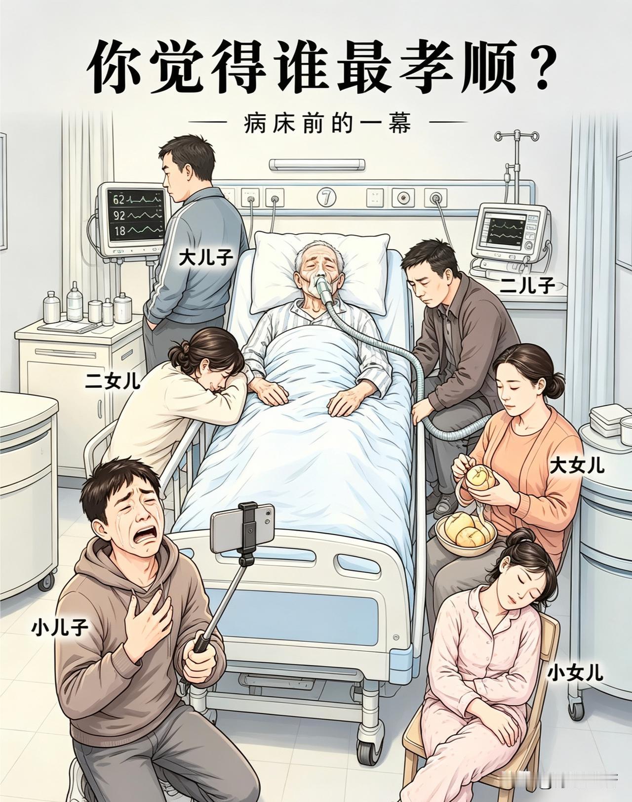 谁才是最孝顺的？
病床上的老父亲已经奄奄一息，几个儿女都守在床前。大儿子默默站在