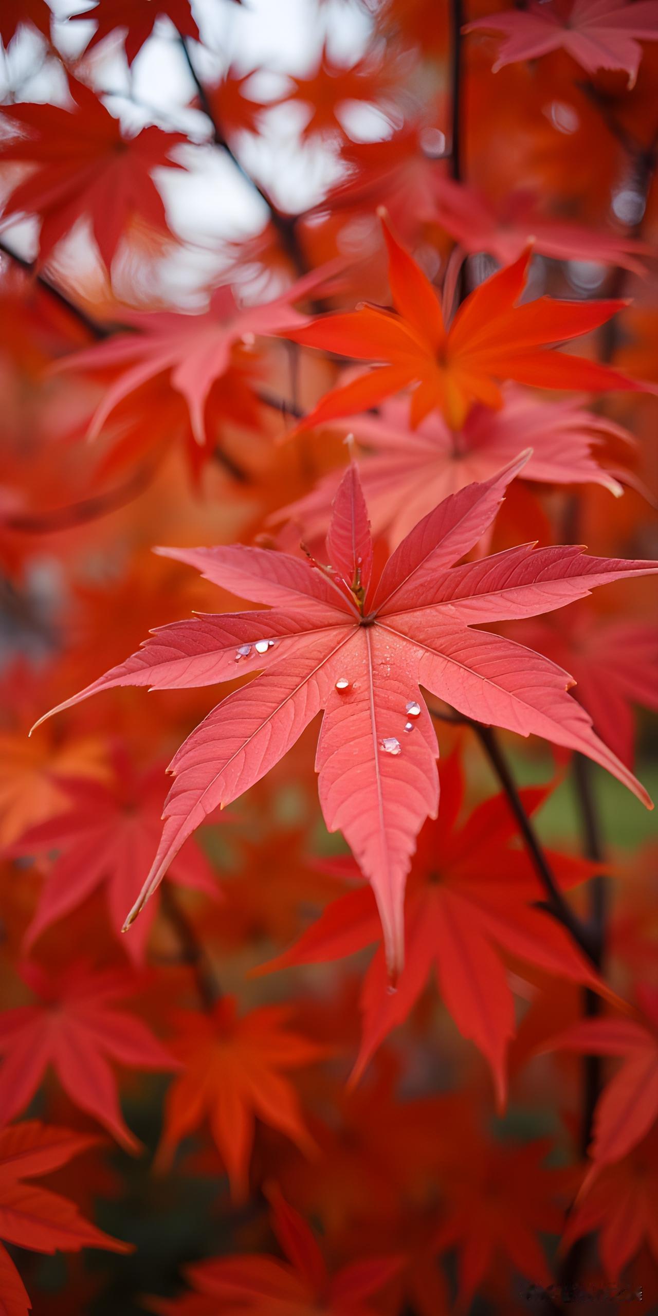 被这片红枫美到失语！层层叠叠的红，还挂着晶莹露珠，秋日氛围感直接拉满，谁懂啊～?