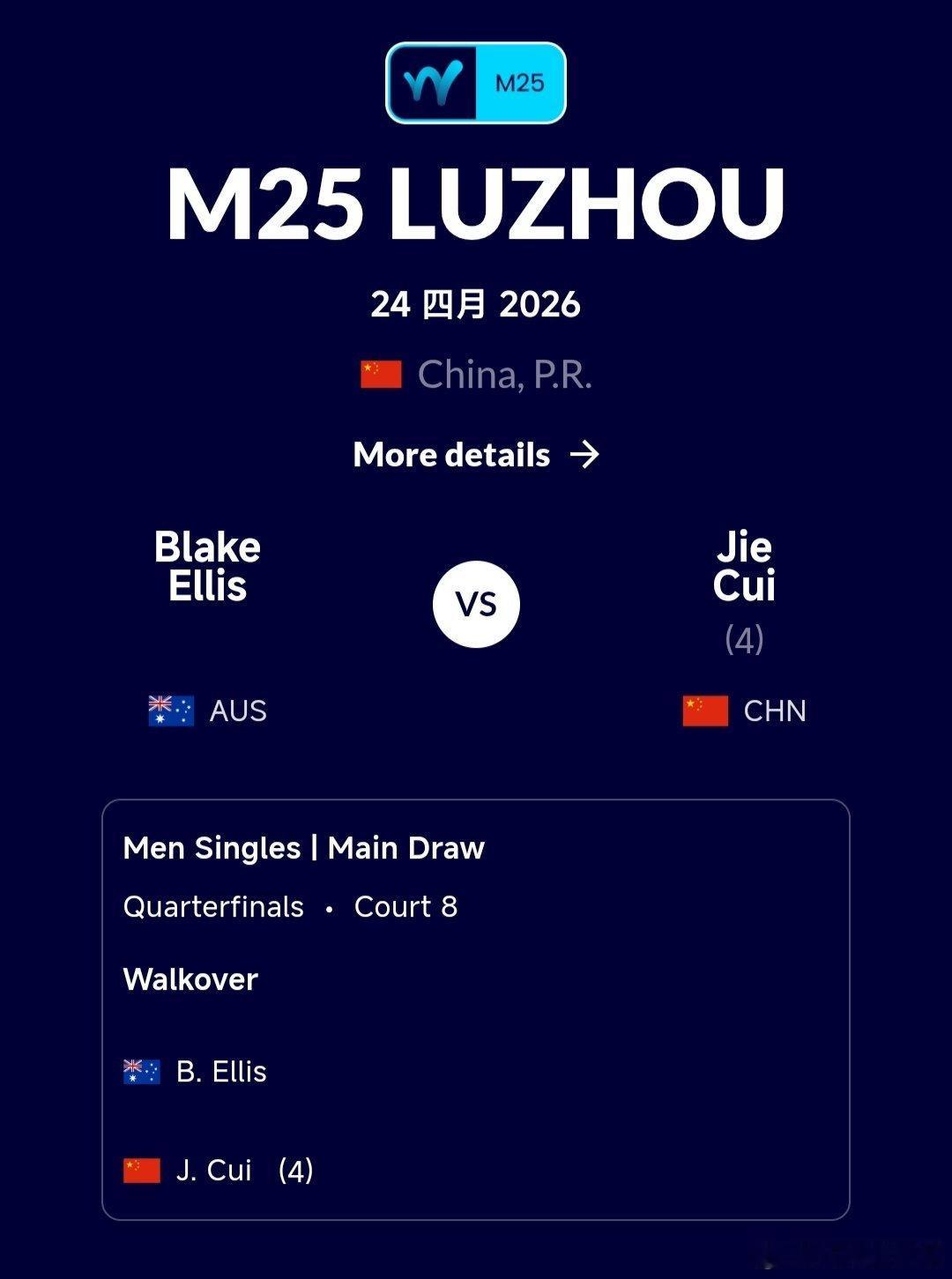 M25泸州站🇨🇳男单8进4崔杰🇨🇳对手埃利斯🇦🇺赛前退赛，恭喜崔杰不