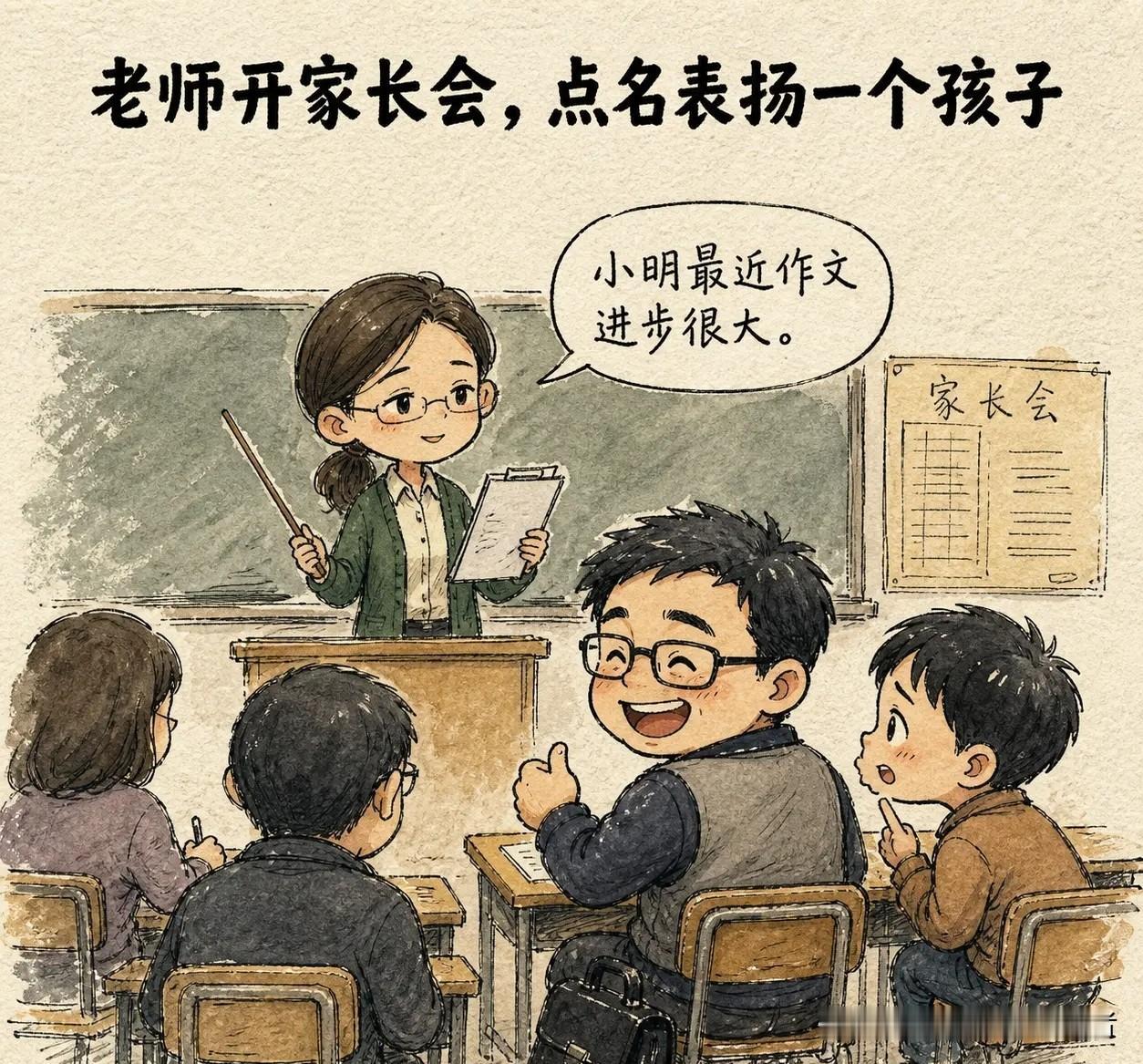 趣味漫画：老师开家长会，点名表扬一个孩子。老师说：小明最近作文进步很大。小明爸笑
