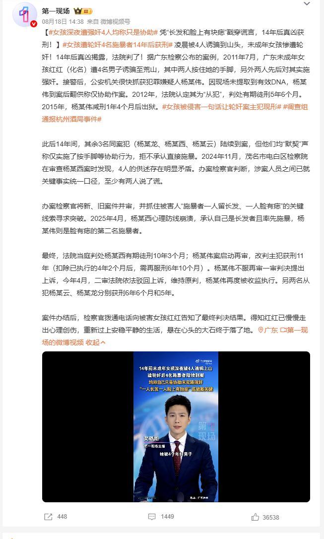 女孩深夜遭强奸4人均称只是协助 整整十四年的时间，当年的受害者终于等到了完整的正