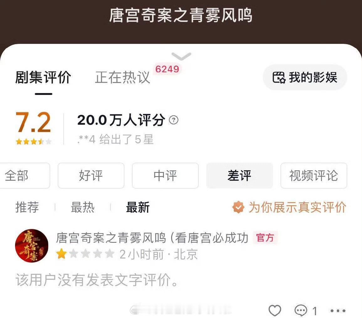 白鹿、王星越的《唐宫奇案》官抖回应了账号打一星的情况：不是官方所为，不代表官方立