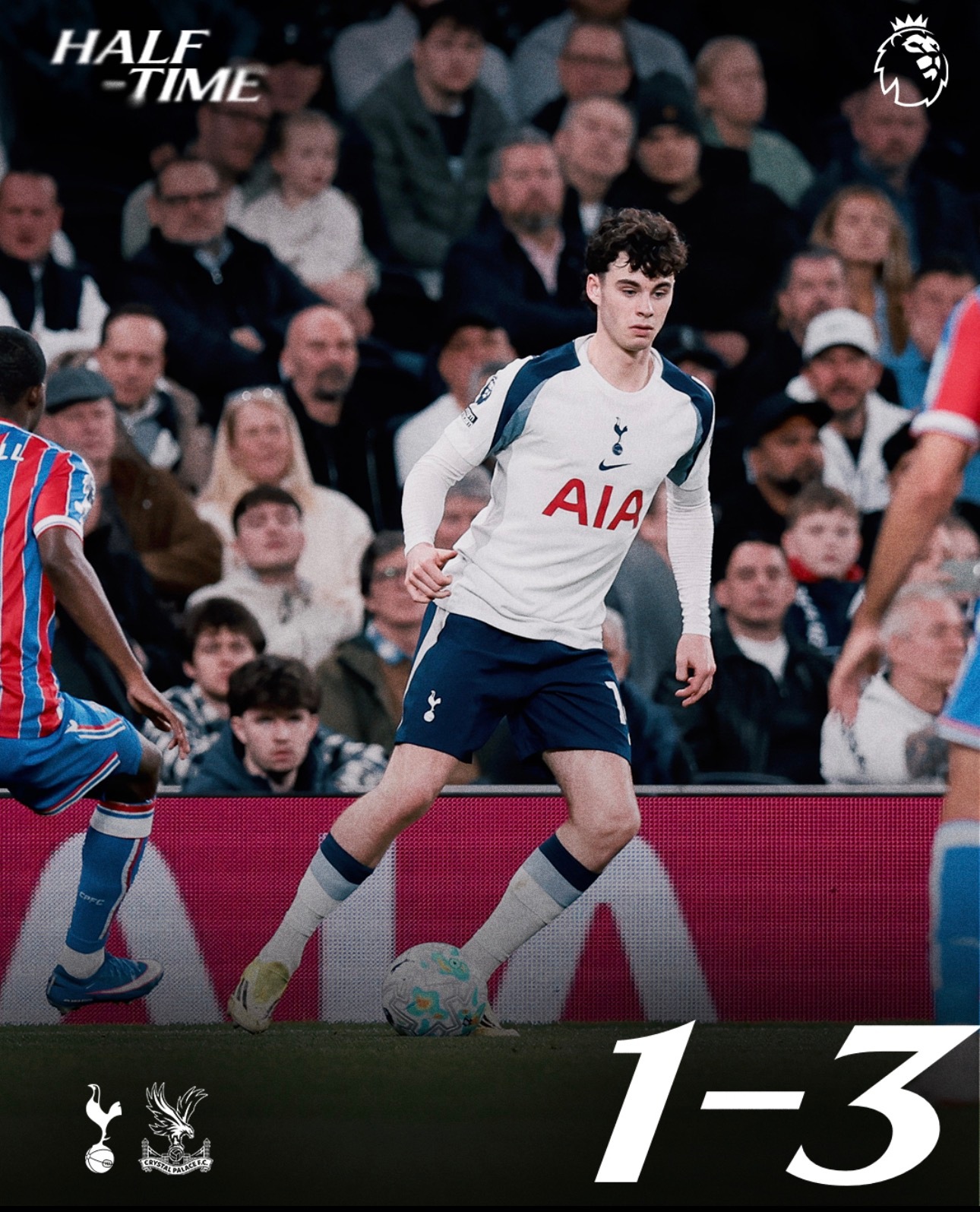 上半场结束，热刺1-3水晶宫，范德文红牌，热刺十人应战 