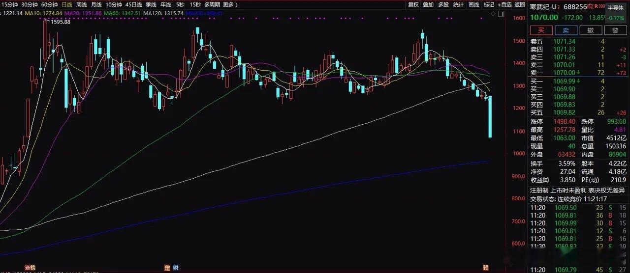 寒武纪被定点狙杀了！谁能想到寒王今天一度跌近14%，总市值回落到4500亿元左右