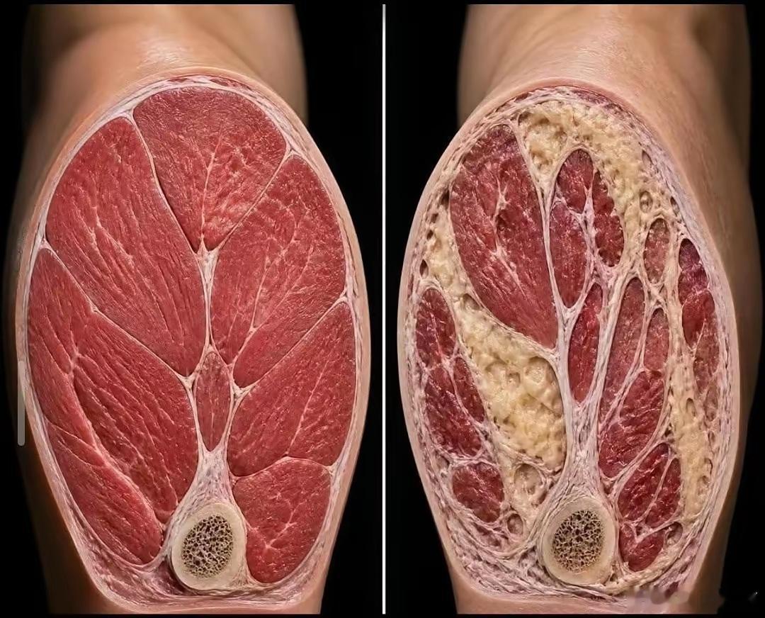 25岁和55岁的肌肉结构图。 