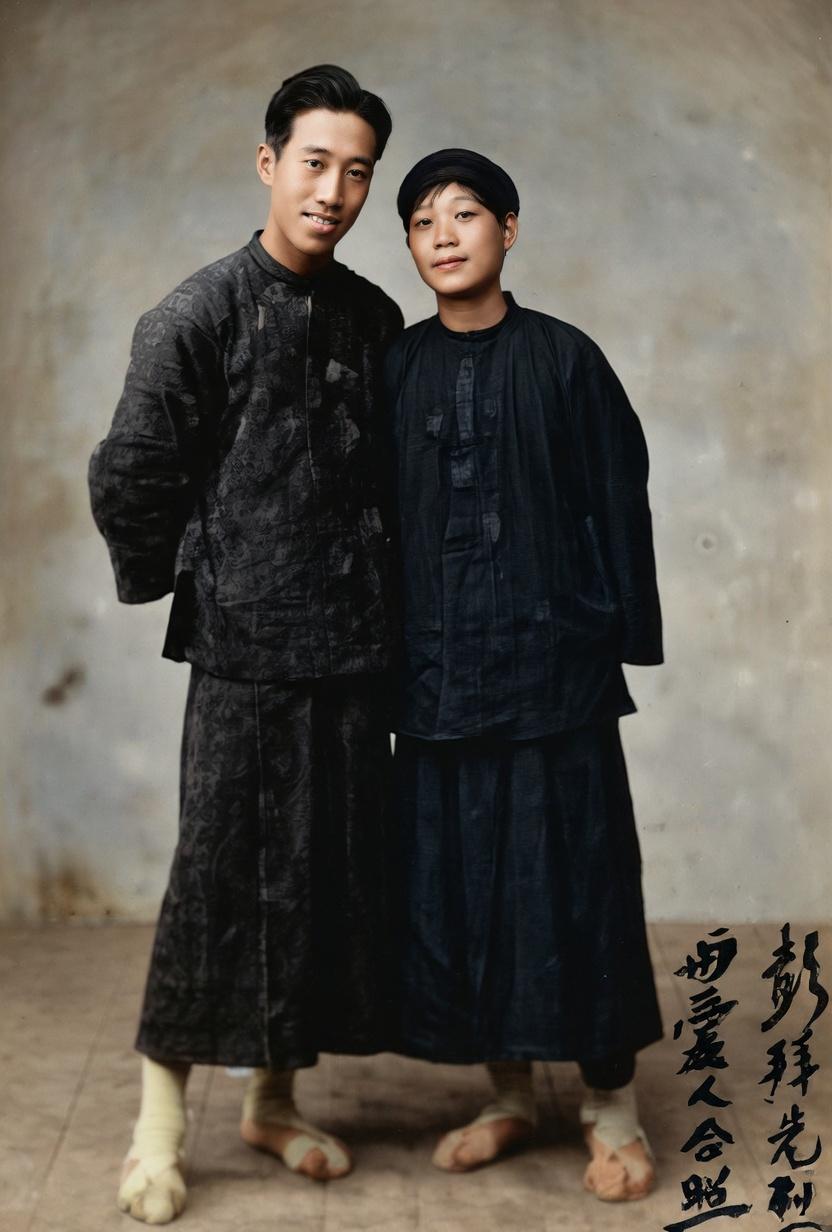 这张婚恋照的主角是革命先驱彭湃与蔡素屏。
照片左侧的男子是彭湃，他身穿中式长衫，