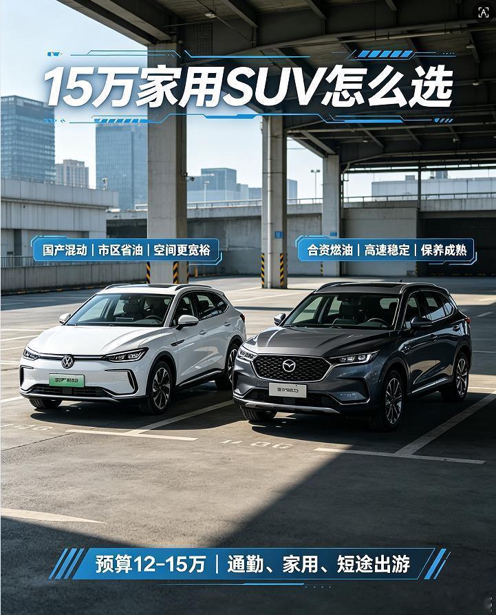 预算卡在 15 万、主打日常代步 + 偶尔全家出行，纠结混动省油还是合资稳定，直