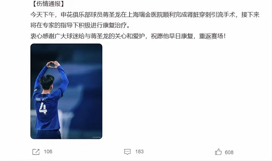 上海申花：蒋圣龙将在专家指导下进行康复。

针对懂球帝——蒋圣龙因为内脏问题，可