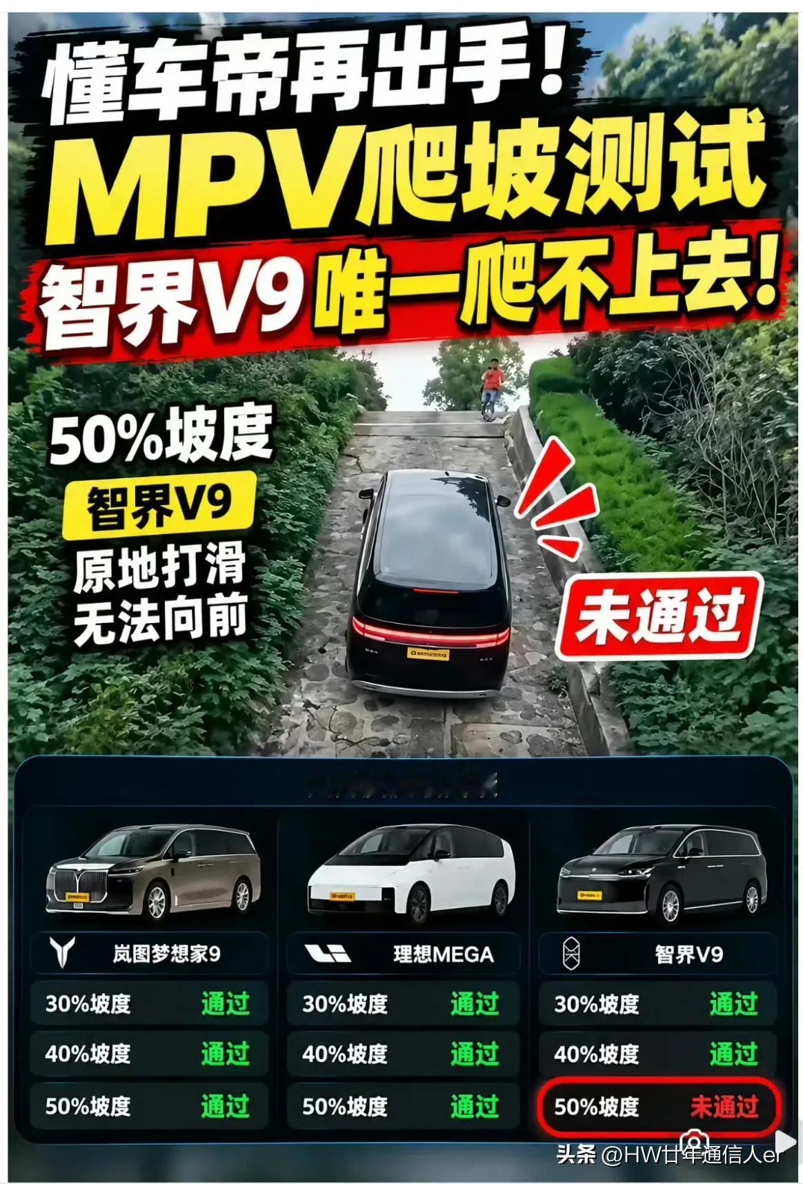 这次又轮到了智界V9。在MPV爬坡测试中，智界V9成为唯一一款爬坡测试不通过的M