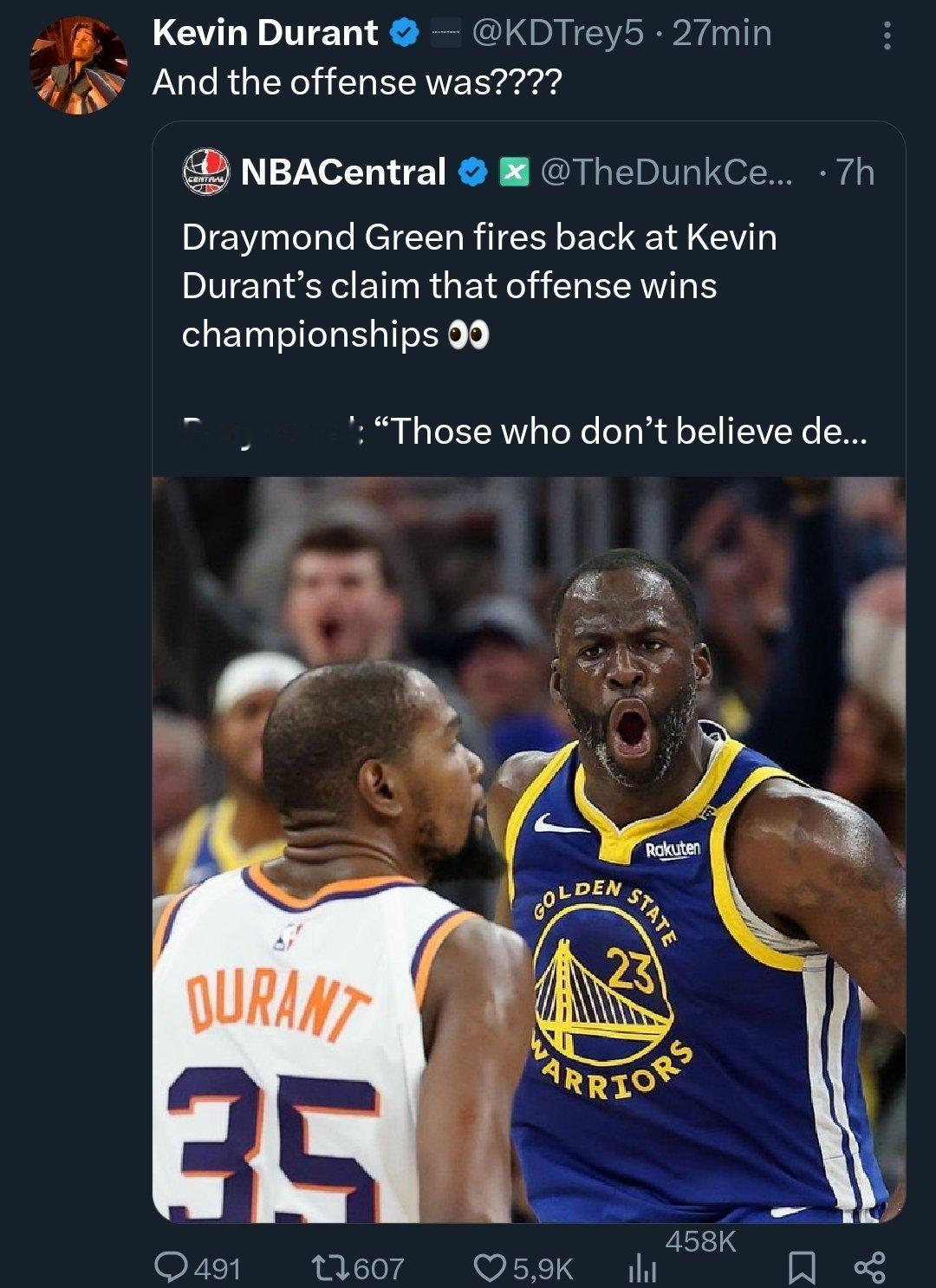 杜兰特表示进攻才能赢得总冠军。追梦·格林回应：“那些不相信防守价值的人就是赢不了