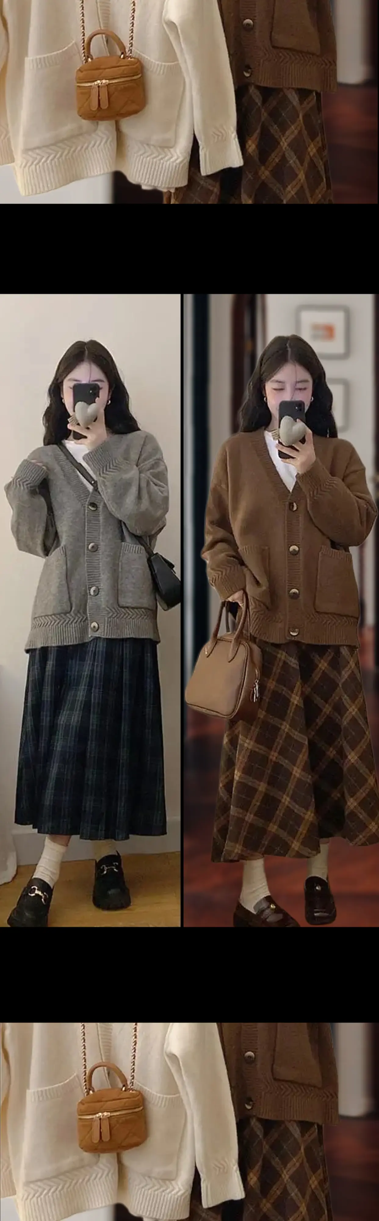慵懒风大码套装2024新款女装秋季复古针织外套长袖T恤➕格纹半身裙 ...