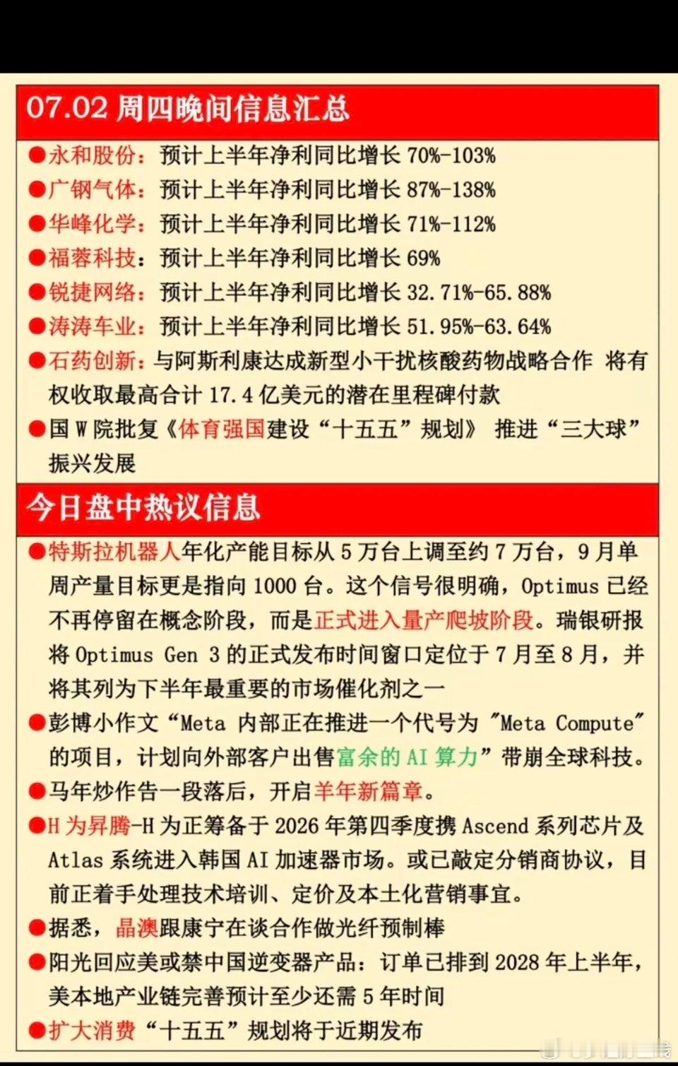 7.02周四  晚间：财经热点信息汇总！1.特斯拉机器人2.华为昇腾3.光纤预制