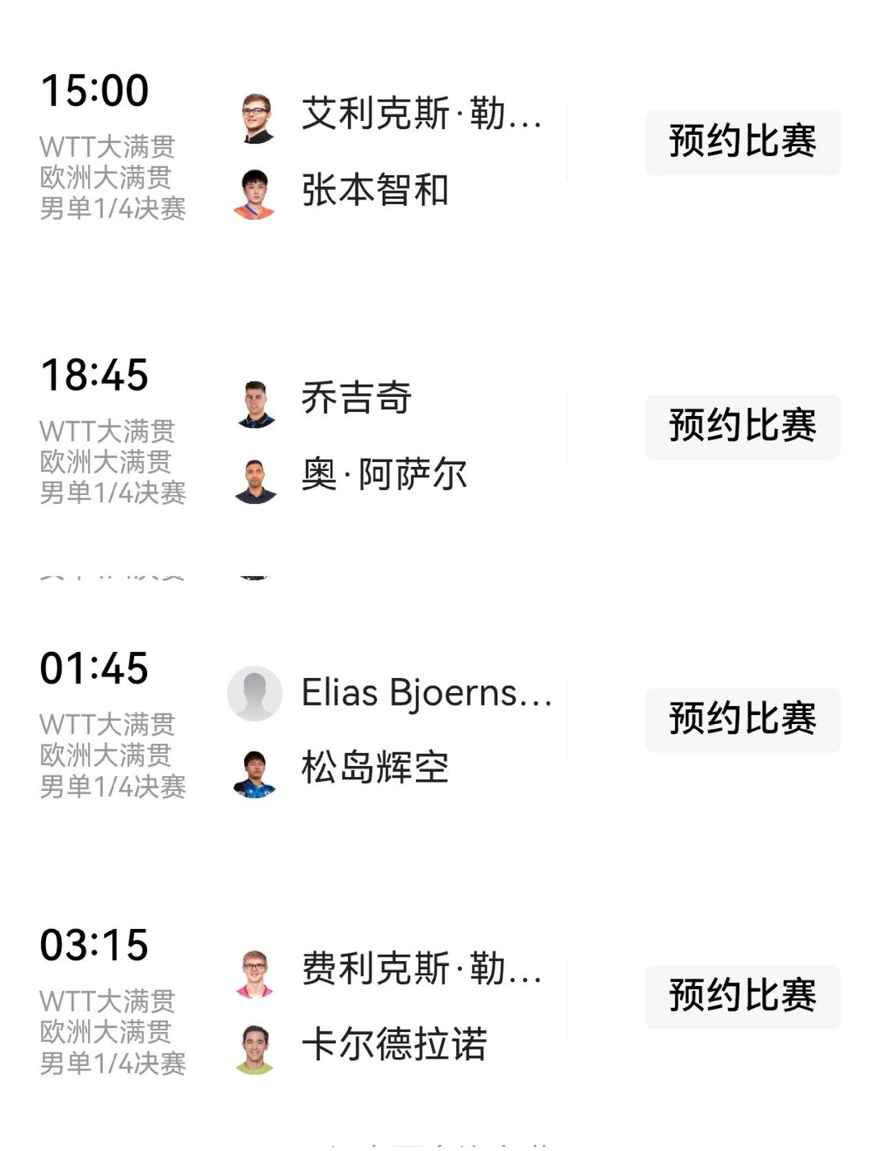 大满贯瑞典站男单赛名落孙山，
8强里面静悄悄。
