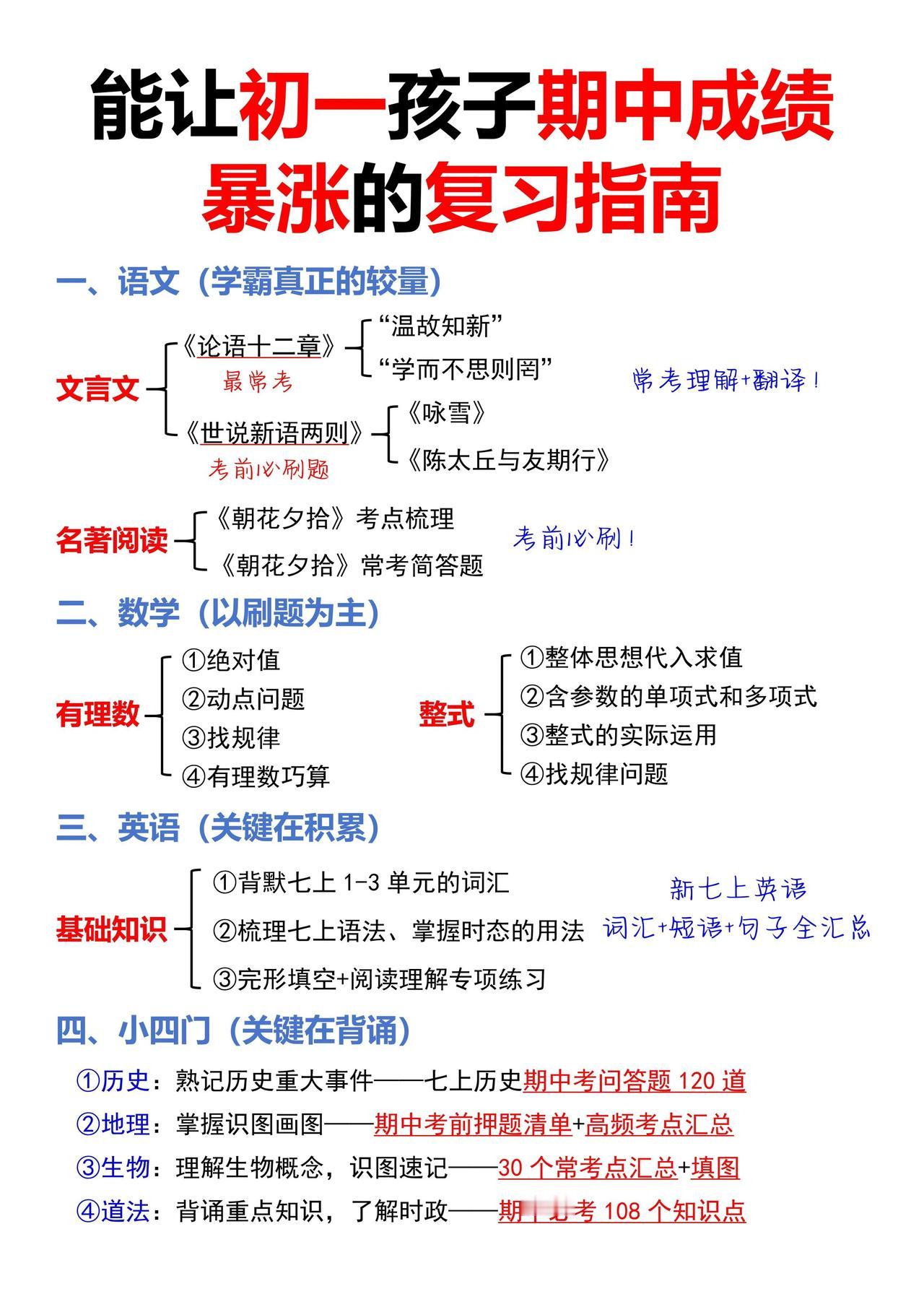 能让初一孩子期中成绩，暴涨的复习指南。