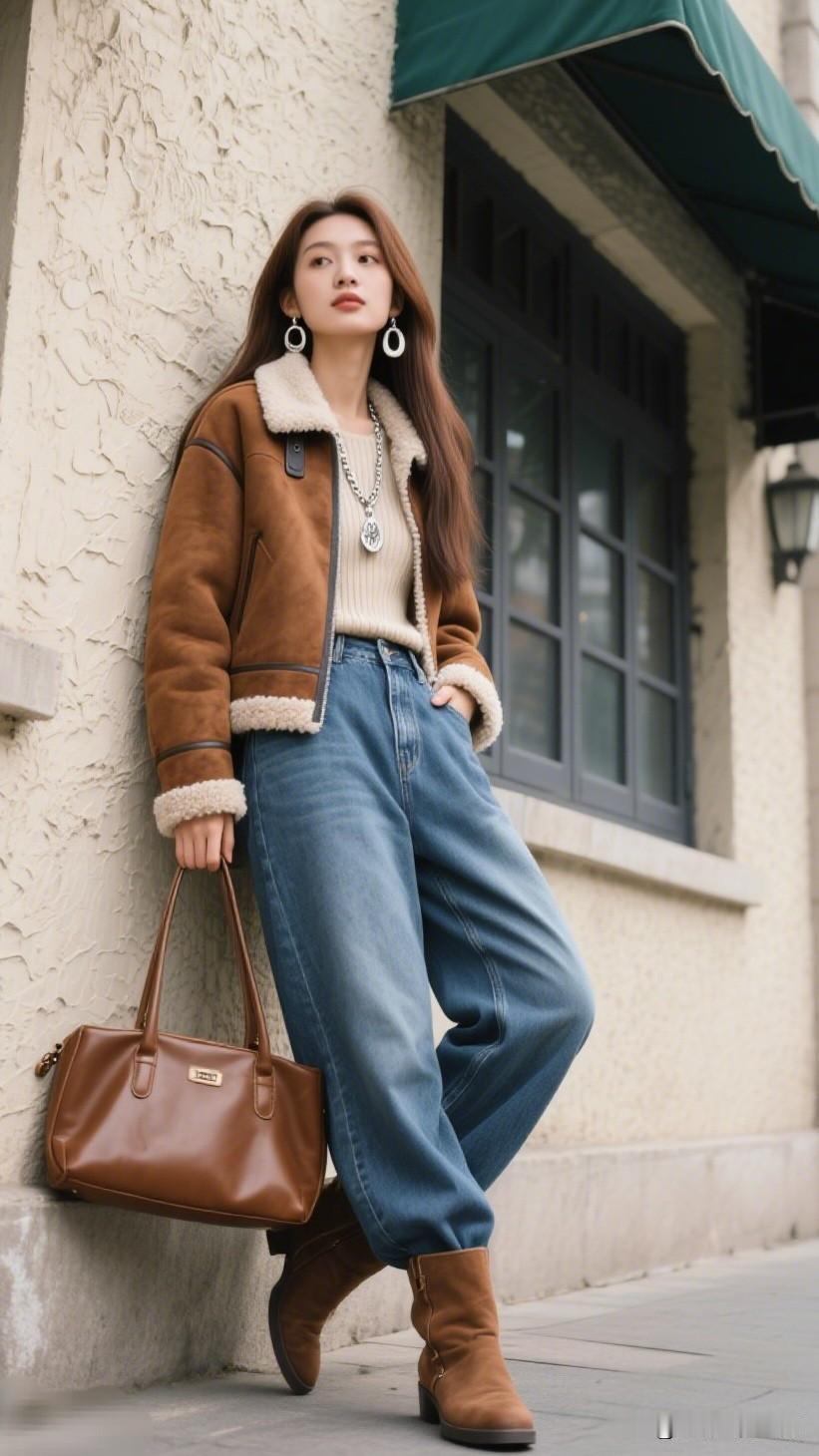 秋日穿搭指南：复古棕色外套+宽松牛仔裤，时尚又舒适！一张照片记录生活美好瞬间